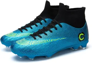 High-Top Football Cleats Men, Professional Turf Soccer Shoes Youth, Comfortable High Gripping Power Soccer Cleats for Outdoor Indoor (Color : Blue, Size : 6)