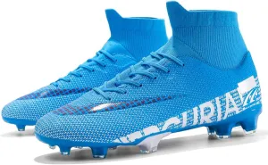High-Top Soccer Cleats Mens, Professional High Gripping Power Football Shoes, Lace-Up Comfortable Youth Football Cleats for Outdoor Indoor (Color : Blue, Size : 9.5)