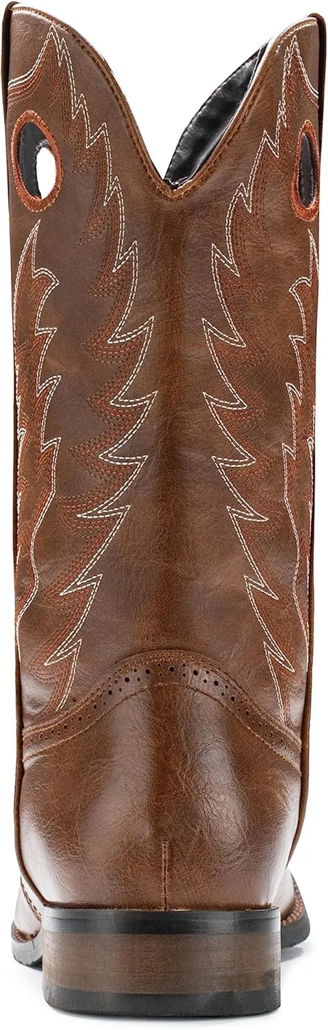 IUV Cowboy Boots For Men Western Boot Classic Embroidered Square Toe Pull On Mid-Calf Boots Round Hole