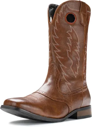 IUV Cowboy Boots For Men Western Boot Classic Embroidered Square Toe Pull On Mid-Calf Boots Round Hole