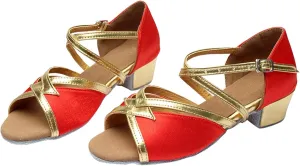 Kids Girls Latin Dance Shoes Low Heel Open Toe Glittering Tango Professional Performance Practice Dancing Shoes