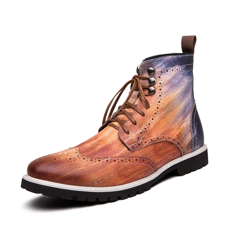 Men Boots Retro Personality Red Blue Comfy Lace-up Leather Fashion Shoes Man Durable Outsole Casual Boots Size