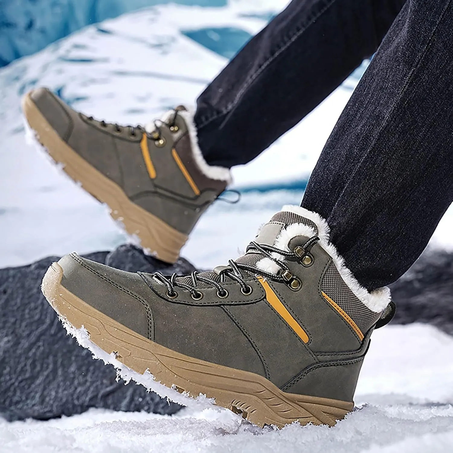 Men Work Boots Slip On Hiking Sneakers Shoes with Fur Lined Working Shoes for Women with Zipper Lightweight Outdoor Botas Mid Ankle Work Casual Hike Grounded Footwear