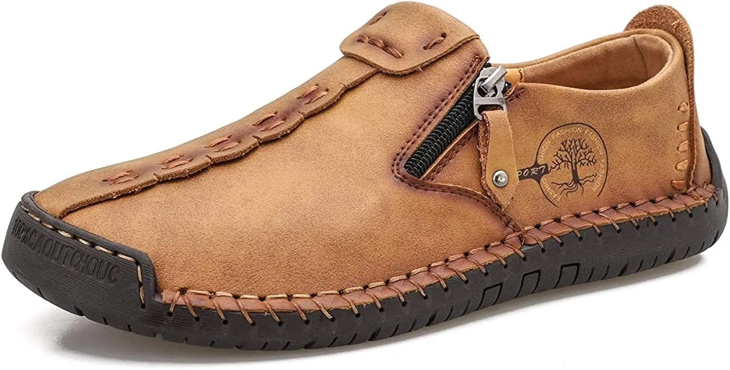 Mens Loafers Slip On Casual Shoes Leather Flat Penny Loafers Outdoor Lightweight Breathable Walking Driving Shoes Comfort Classic Hand Stitching Office Dress Work Shoes Anti Slip Round Toe Moccasins