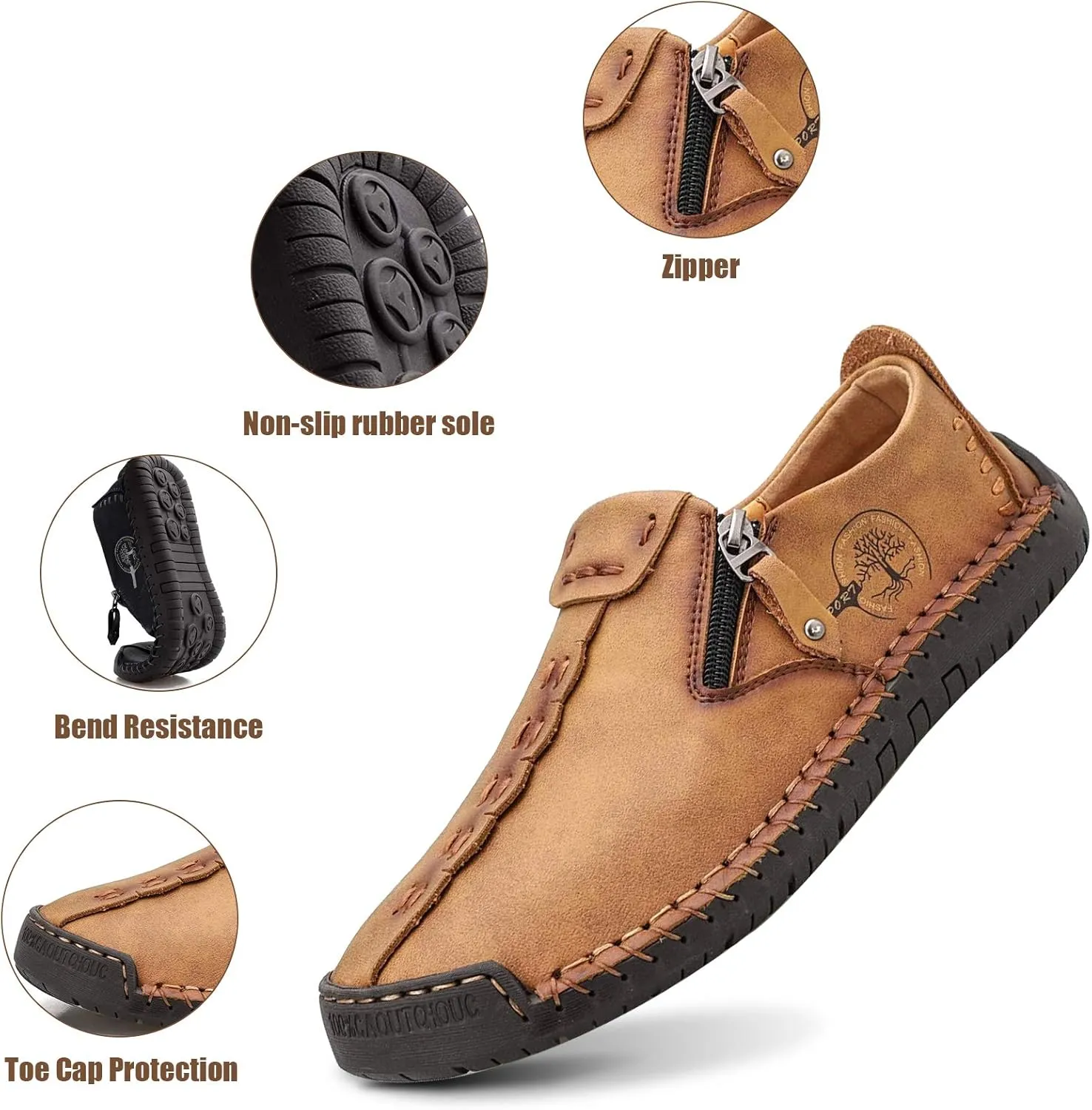 Mens Loafers Slip On Casual Shoes Leather Flat Penny Loafers Outdoor Lightweight Breathable Walking Driving Shoes Comfort Classic Hand Stitching Office Dress Work Shoes Anti Slip Round Toe Moccasins