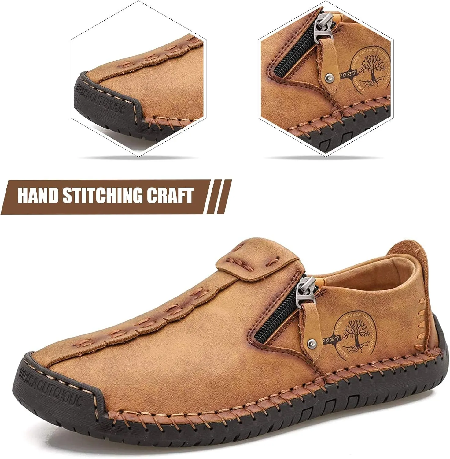 Mens Loafers Slip On Casual Shoes Leather Flat Penny Loafers Outdoor Lightweight Breathable Walking Driving Shoes Comfort Classic Hand Stitching Office Dress Work Shoes Anti Slip Round Toe Moccasins