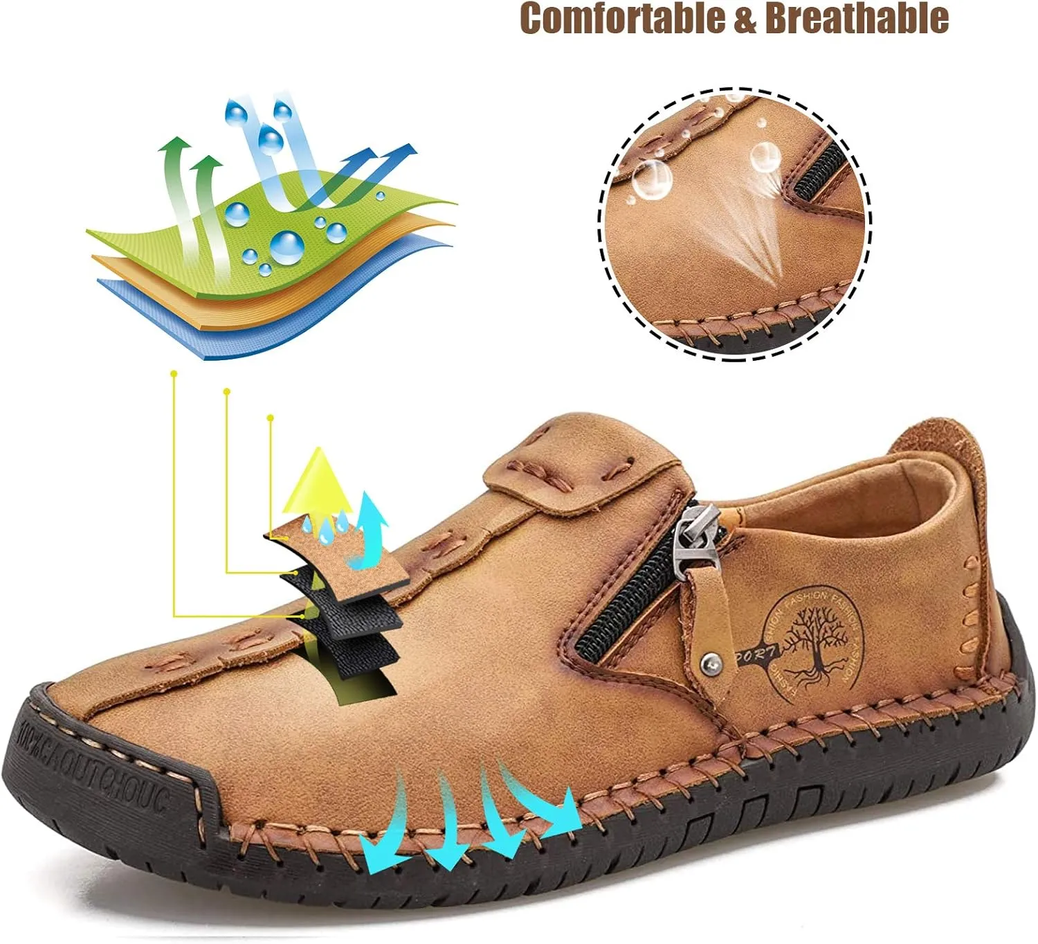 Mens Loafers Slip On Casual Shoes Leather Flat Penny Loafers Outdoor Lightweight Breathable Walking Driving Shoes Comfort Classic Hand Stitching Office Dress Work Shoes Anti Slip Round Toe Moccasins