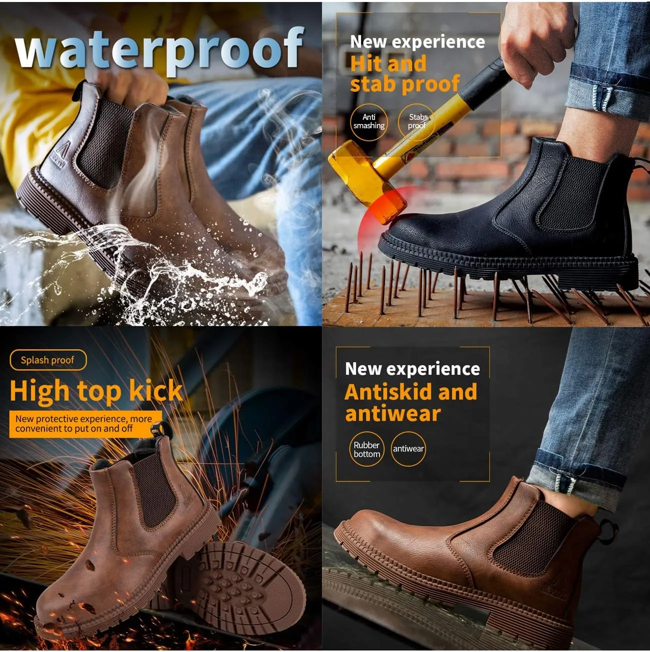 Men's Steel Toe Work Boots Slip On Breathable Quick Dry Safety Leather Indestructible Work Safety Shoes