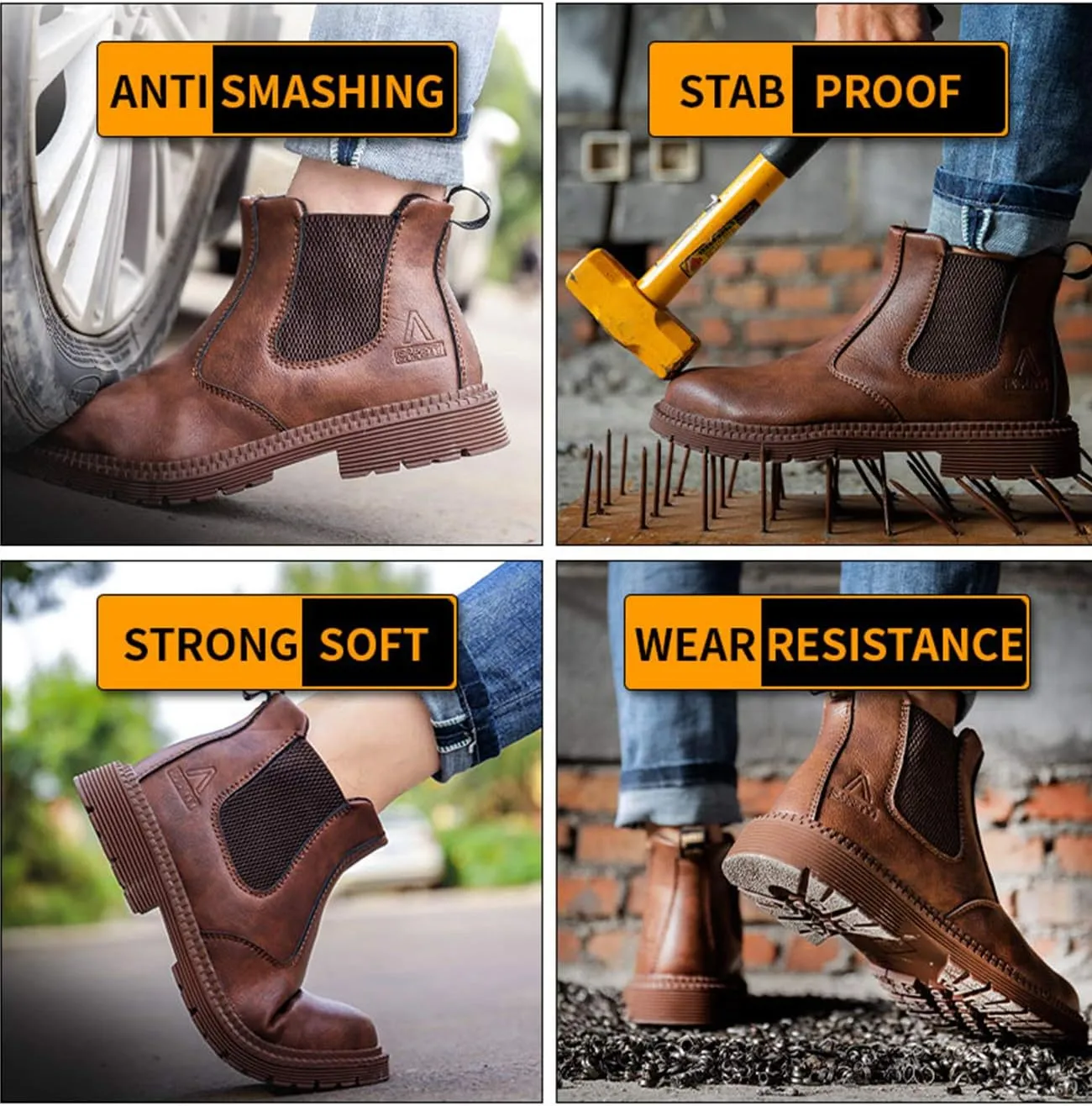 Men's Steel Toe Work Boots Slip On Breathable Quick Dry Safety Leather Indestructible Work Safety Shoes