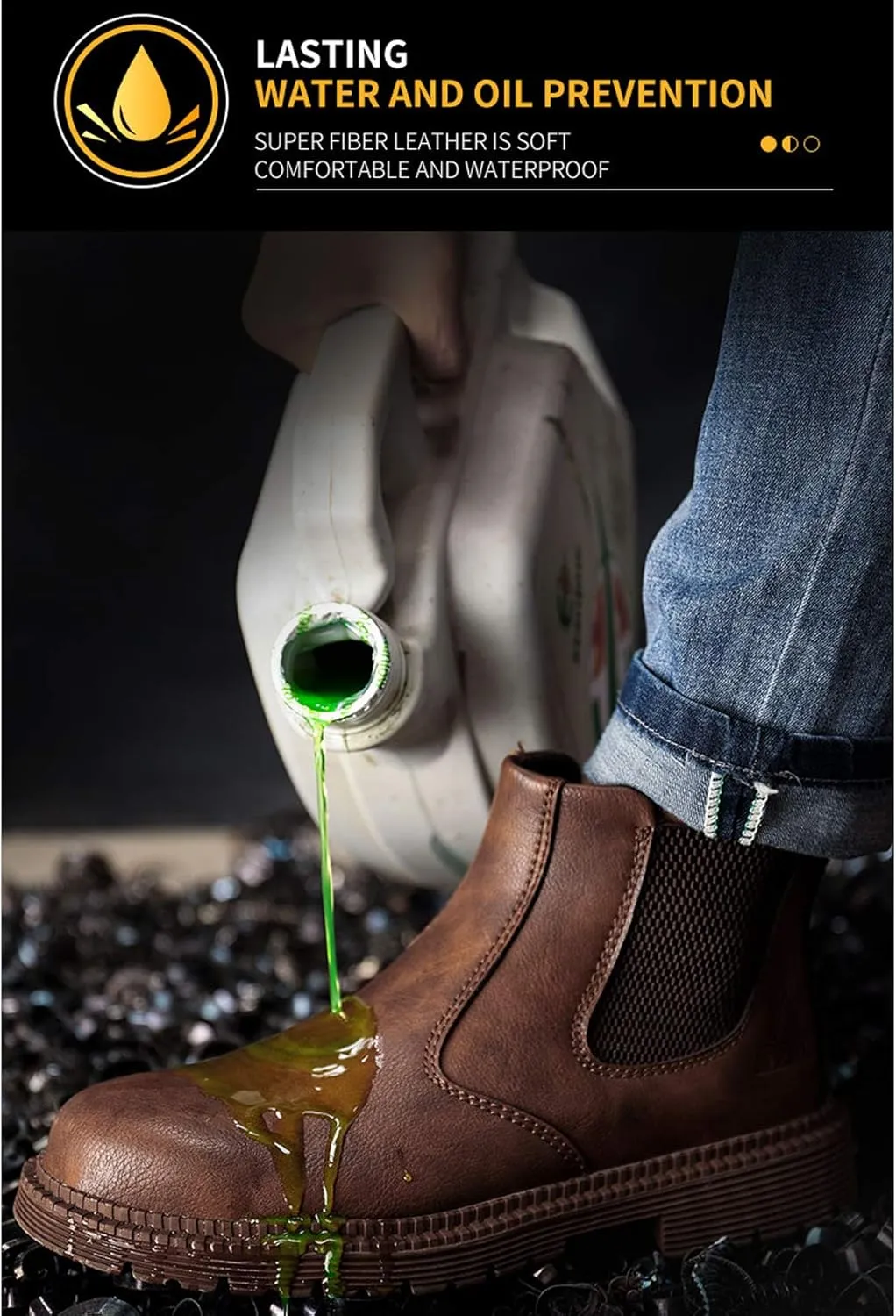 Men's Steel Toe Work Boots Slip On Breathable Quick Dry Safety Leather Indestructible Work Safety Shoes
