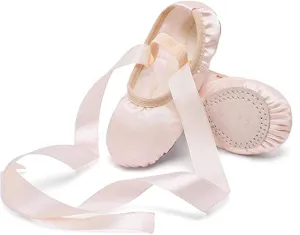 MSMAX Ballet Slippers Satin Dancing Yoga Flats with Ribbon for Girls (Toddler/Little Kid/Big Kid)