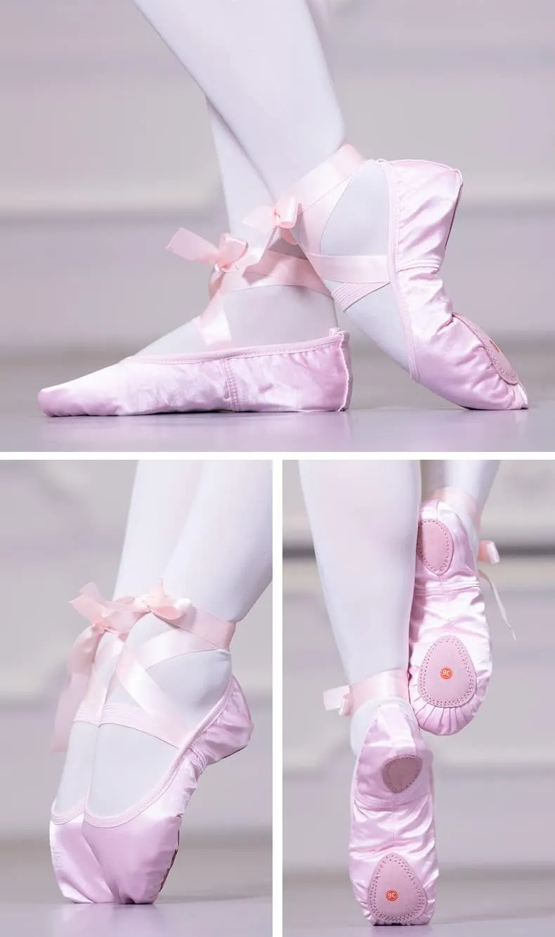 MSMAX Ballet Slippers Satin Dancing Yoga Flats with Ribbon for Girls (Toddler/Little Kid/Big Kid)