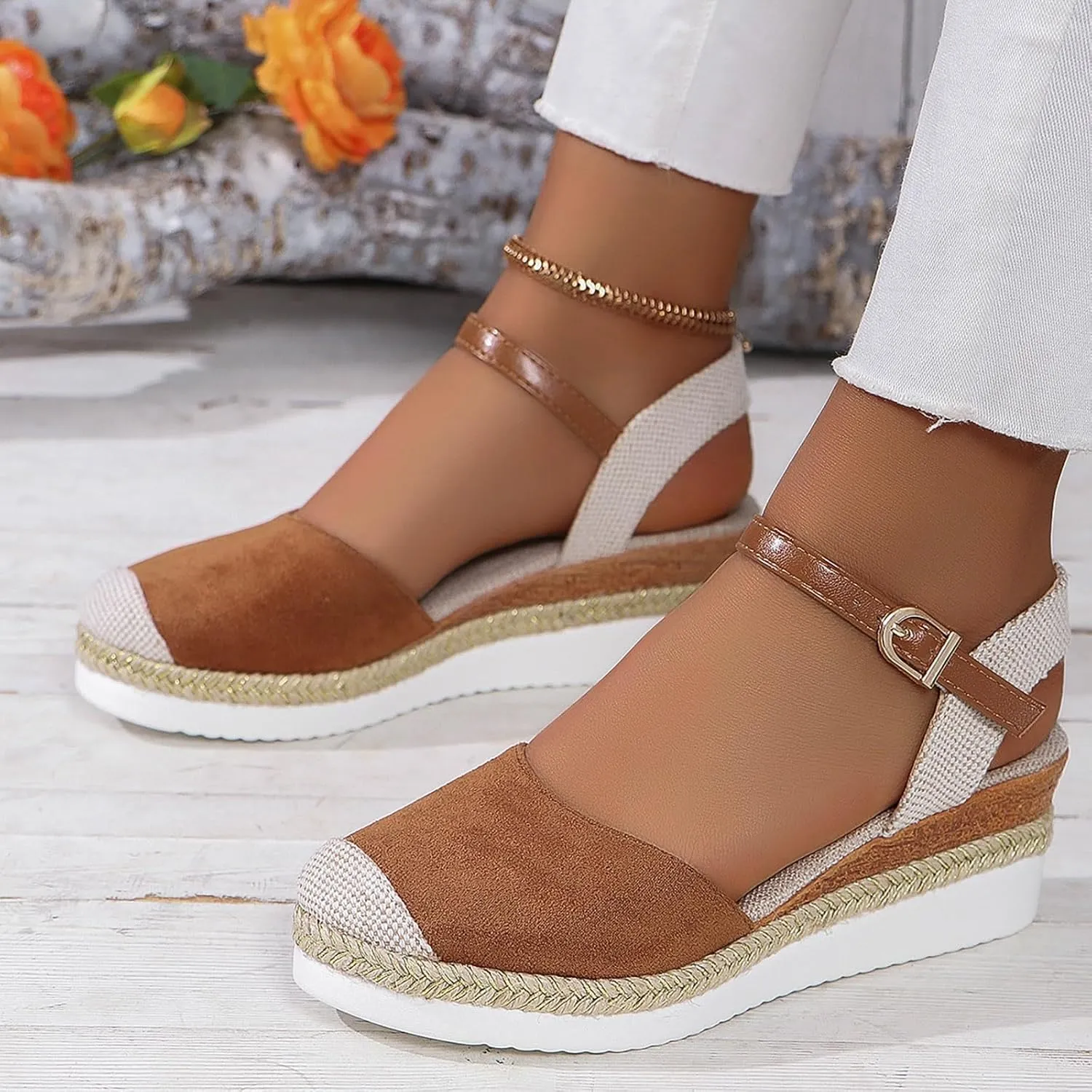 Orthopedic Platform Wedge Sandals for Women 2025 Espadrilles Wedges Sandals Summer Closed Toe Casual Comfortable Strappy Slip on Shoes with Adjustable Ankle Strap