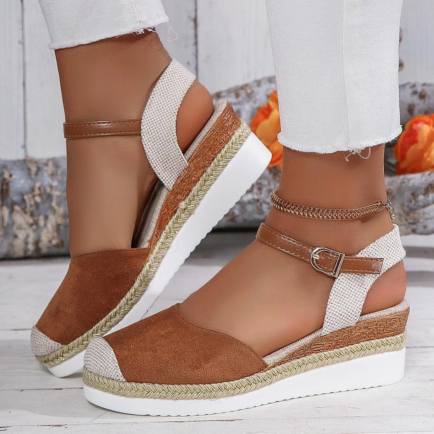 Orthopedic Platform Wedge Sandals for Women 2025 Espadrilles Wedges Sandals Summer Closed Toe Casual Comfortable Strappy Slip on Shoes with Adjustable Ankle Strap