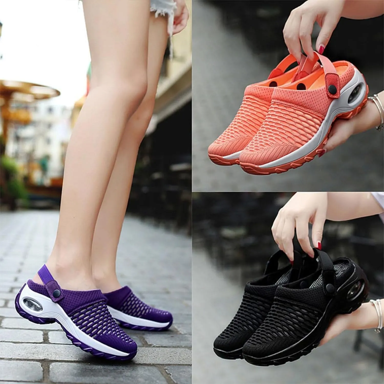 Orthopedic Slippers for Women Summer Air Cushion Platform Mesh Mules Arch Support Walking Sandals, Ankle Strap Slip on Sneakers Diabetic Plantar Fasciitis Walking Shoes
