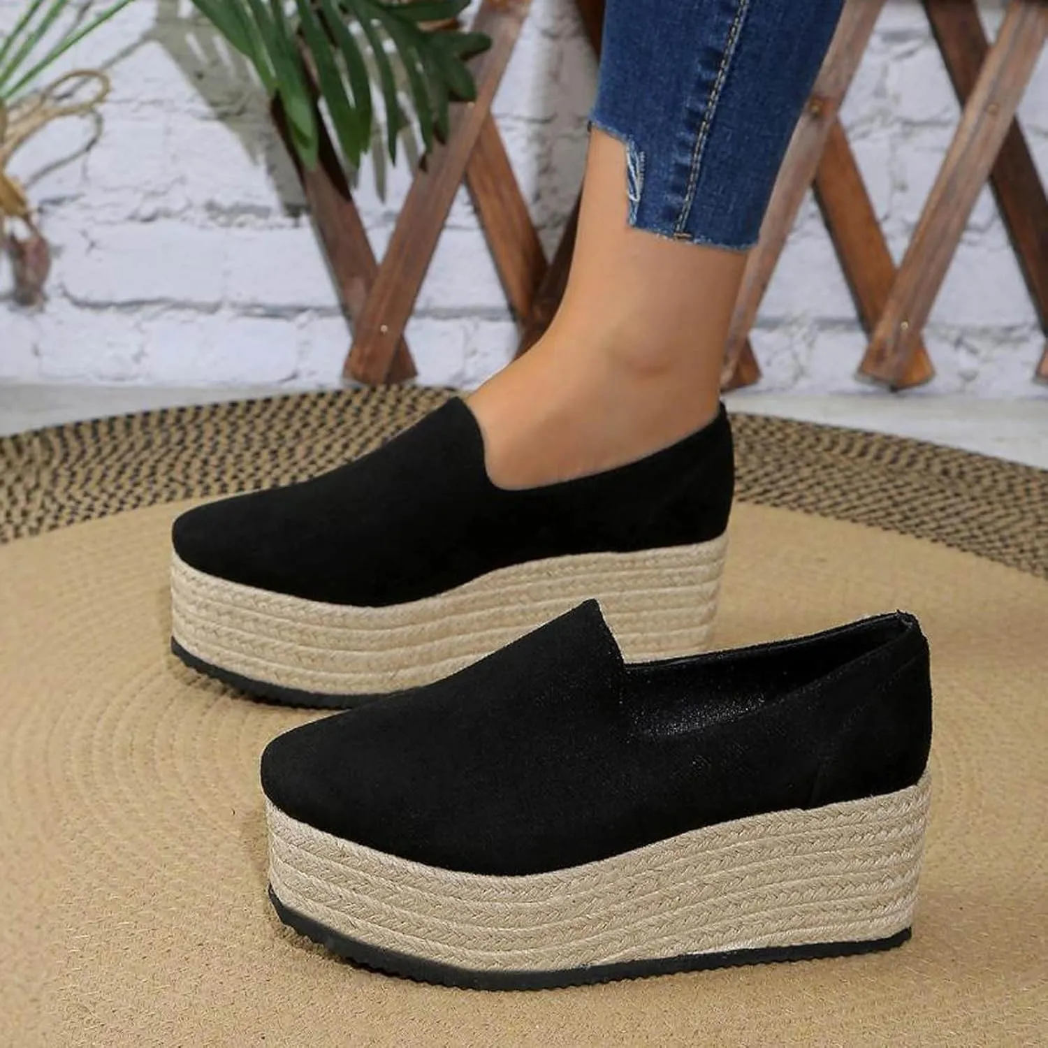 Platform Slip on Shoes for Women Fashion Linen Wide Low Top Shoe Casual Sneakers Workout Party Dressy Sneaker