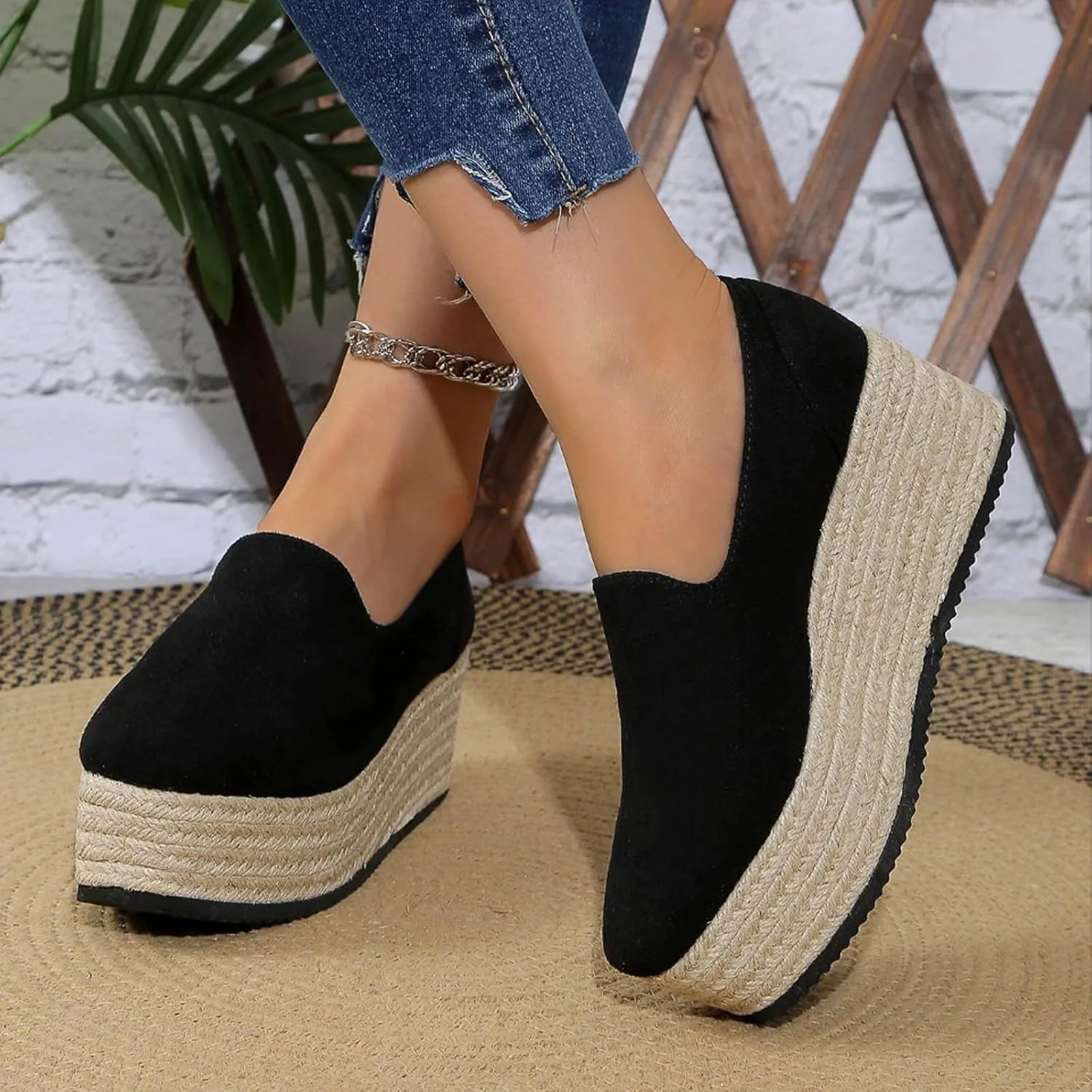 Platform Slip on Shoes for Women Fashion Linen Wide Low Top Shoe Casual Sneakers Workout Party Dressy Sneaker