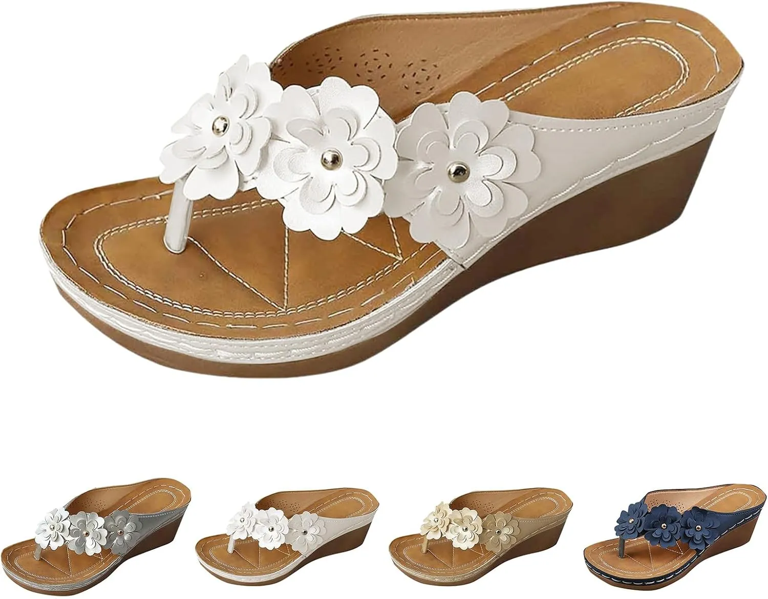 Sandals Women Wedge Shoes Summer Dressy Flip Flops Comfortable Orthopedic Platform Non Slip Sandals Fashion Flower Decor Walking Shoes for Summer And Daily Wear