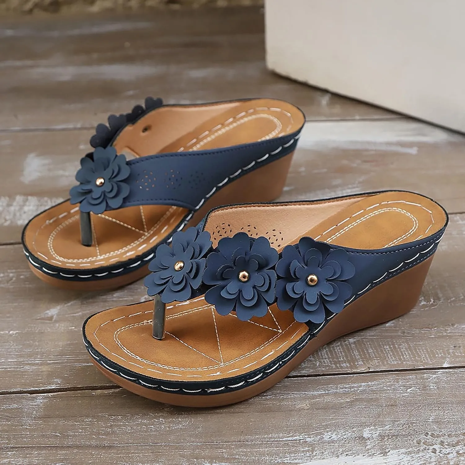 Sandals Women Wedge Shoes Summer Dressy Flip Flops Comfortable Orthopedic Platform Non Slip Sandals Fashion Flower Decor Walking Shoes for Summer And Daily Wear