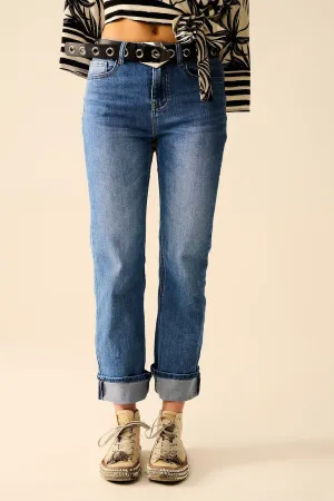 Straight Hem Denim Elastic Jeans In Medium Wash