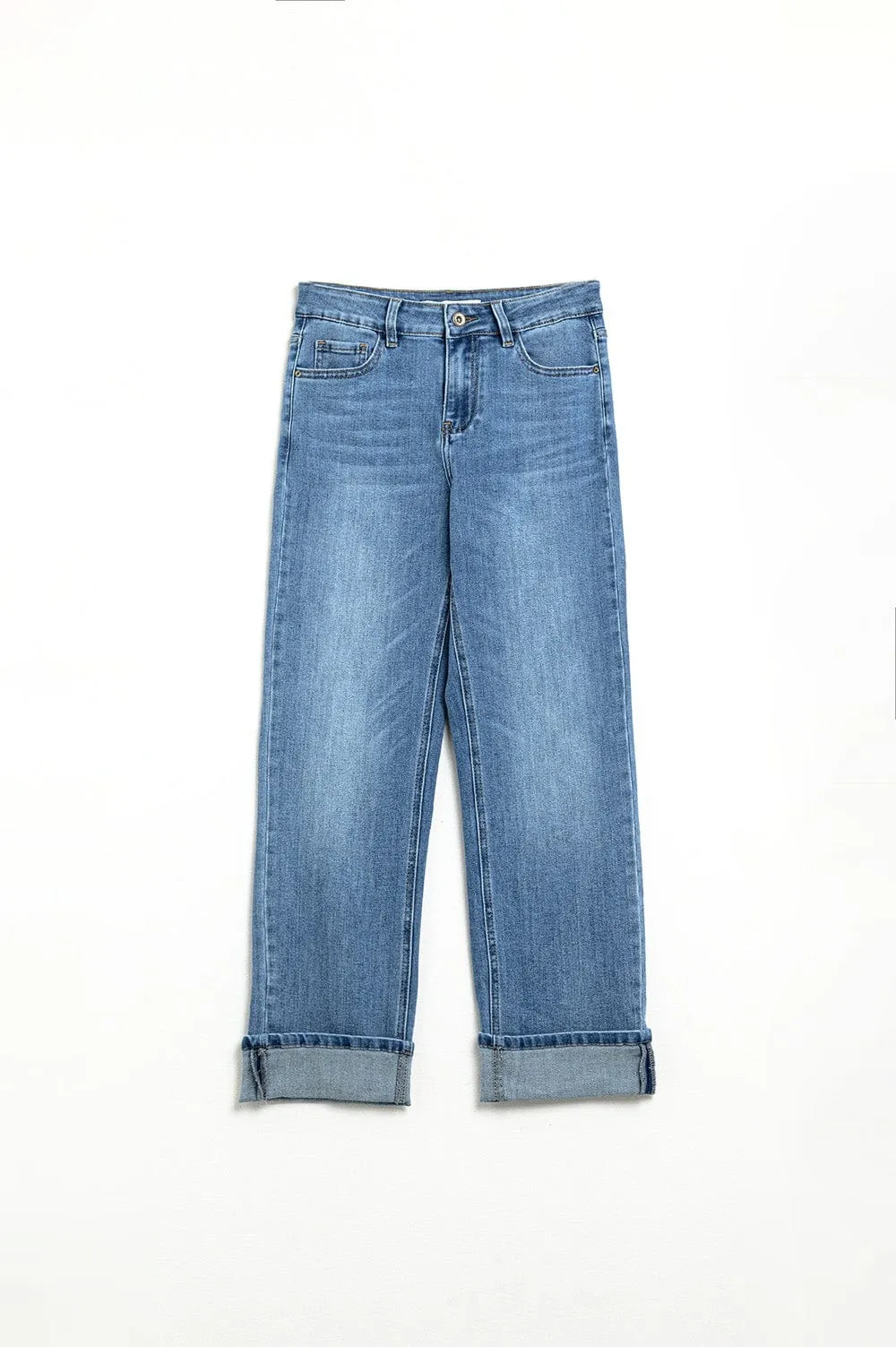 Straight Hem Denim Elastic Jeans In Medium Wash