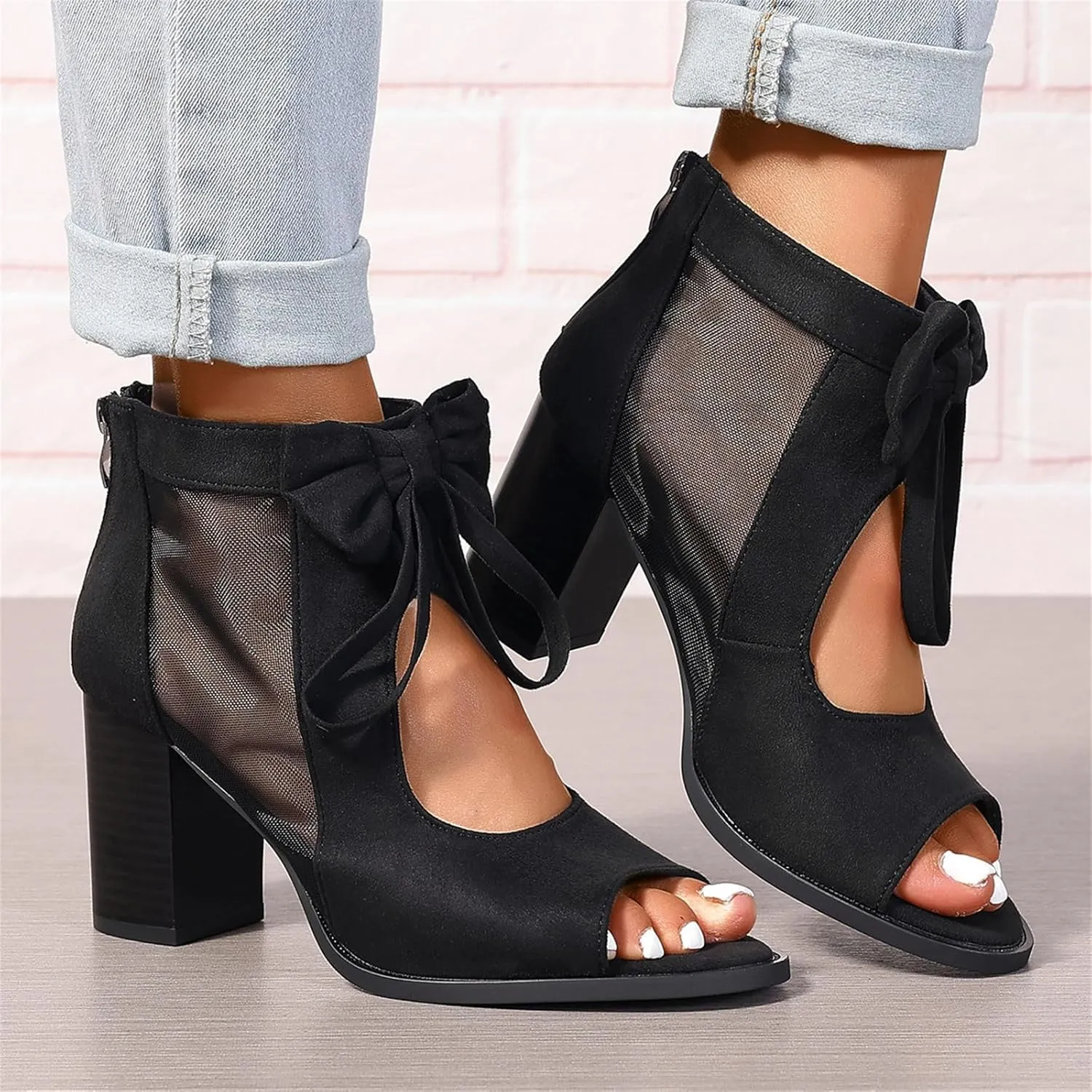 Summer Sandals for Women Ankle Strap Chunky High Heel Bow Fish Mouth Open Toe Sandal Breathable Backless Slingback Booties Gladiator Strappy Lace Up Hollow Out Heels Dress Shoes Comfortable
