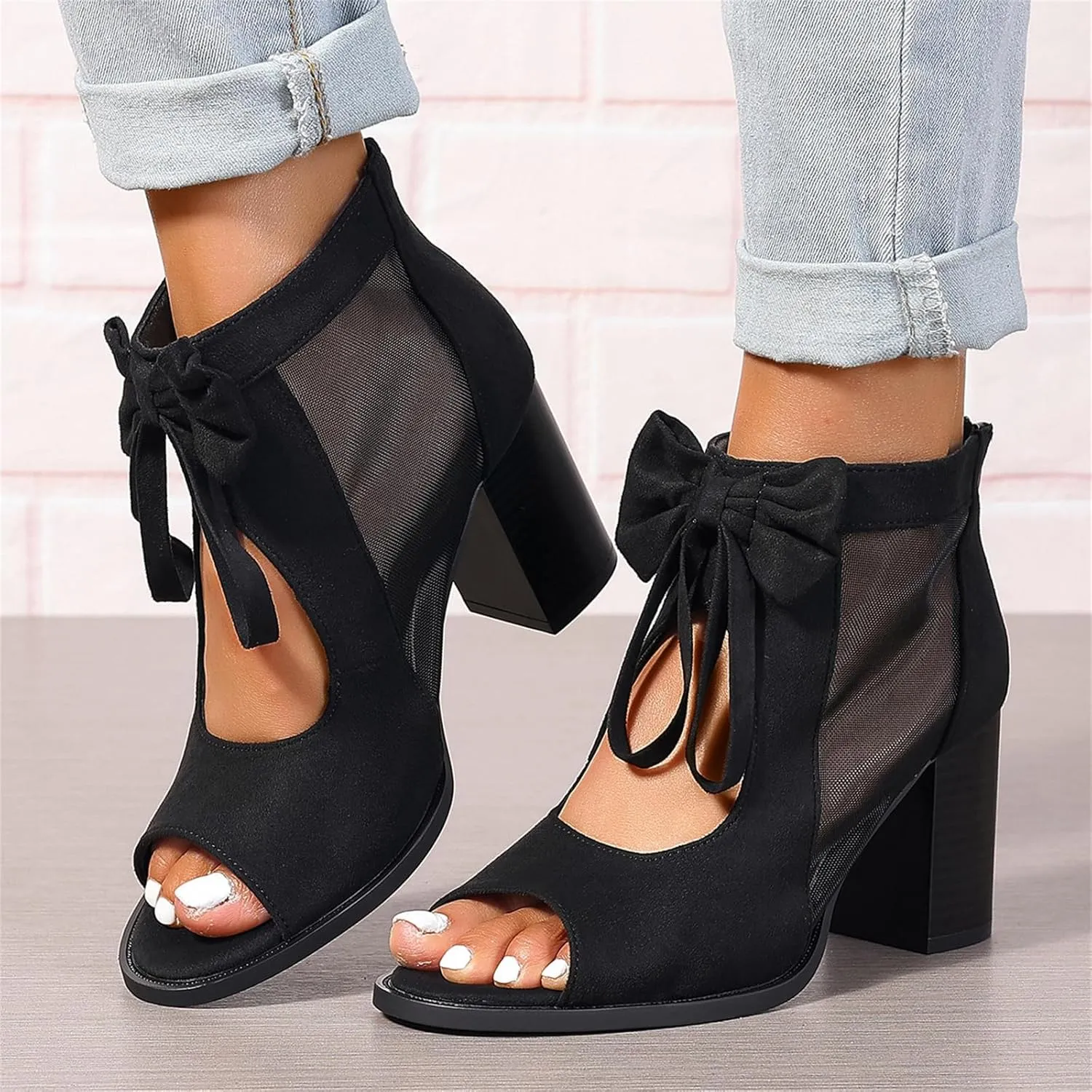 Summer Sandals for Women Ankle Strap Chunky High Heel Bow Fish Mouth Open Toe Sandal Breathable Backless Slingback Booties Gladiator Strappy Lace Up Hollow Out Heels Dress Shoes Comfortable