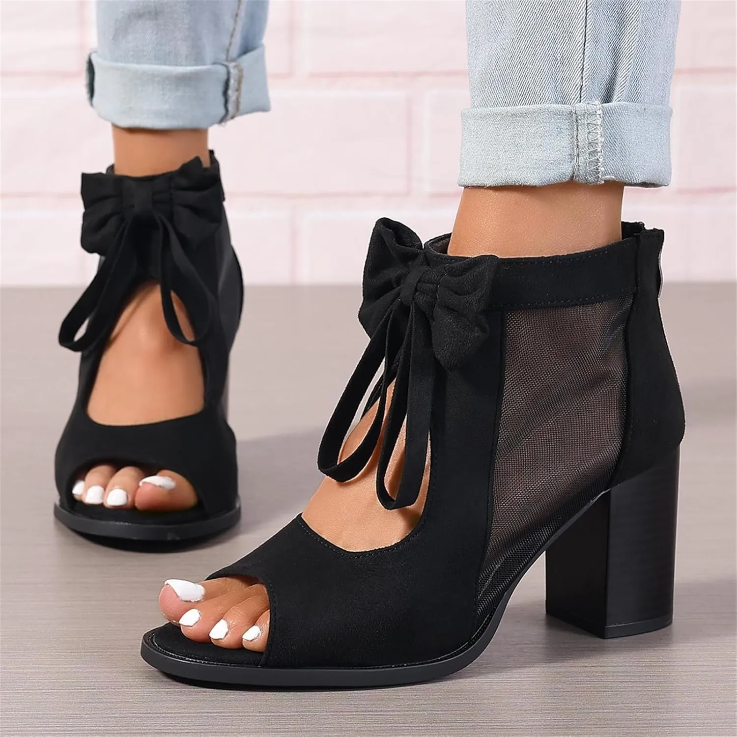 Summer Sandals for Women Ankle Strap Chunky High Heel Bow Fish Mouth Open Toe Sandal Breathable Backless Slingback Booties Gladiator Strappy Lace Up Hollow Out Heels Dress Shoes Comfortable