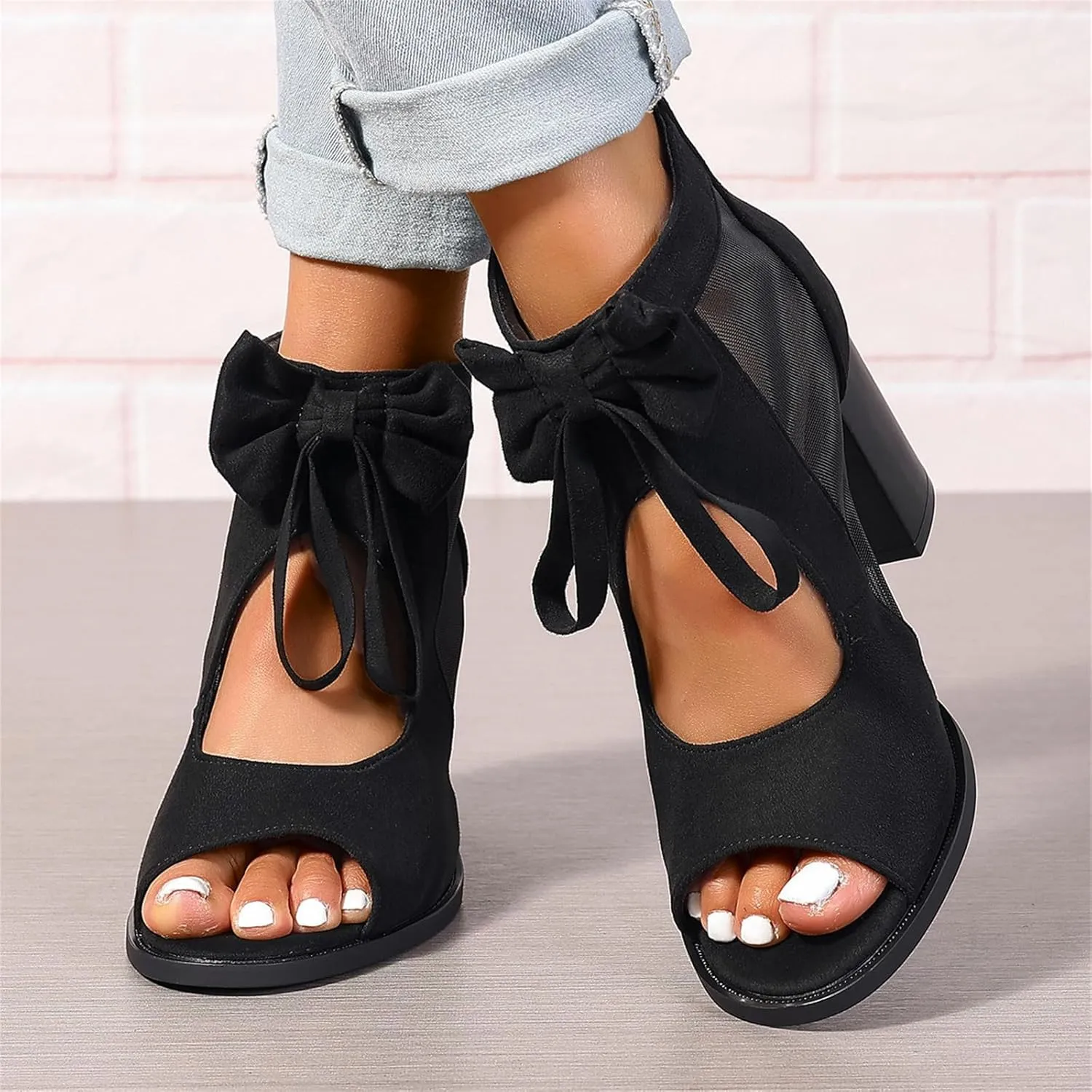 Summer Sandals for Women Ankle Strap Chunky High Heel Bow Fish Mouth Open Toe Sandal Breathable Backless Slingback Booties Gladiator Strappy Lace Up Hollow Out Heels Dress Shoes Comfortable