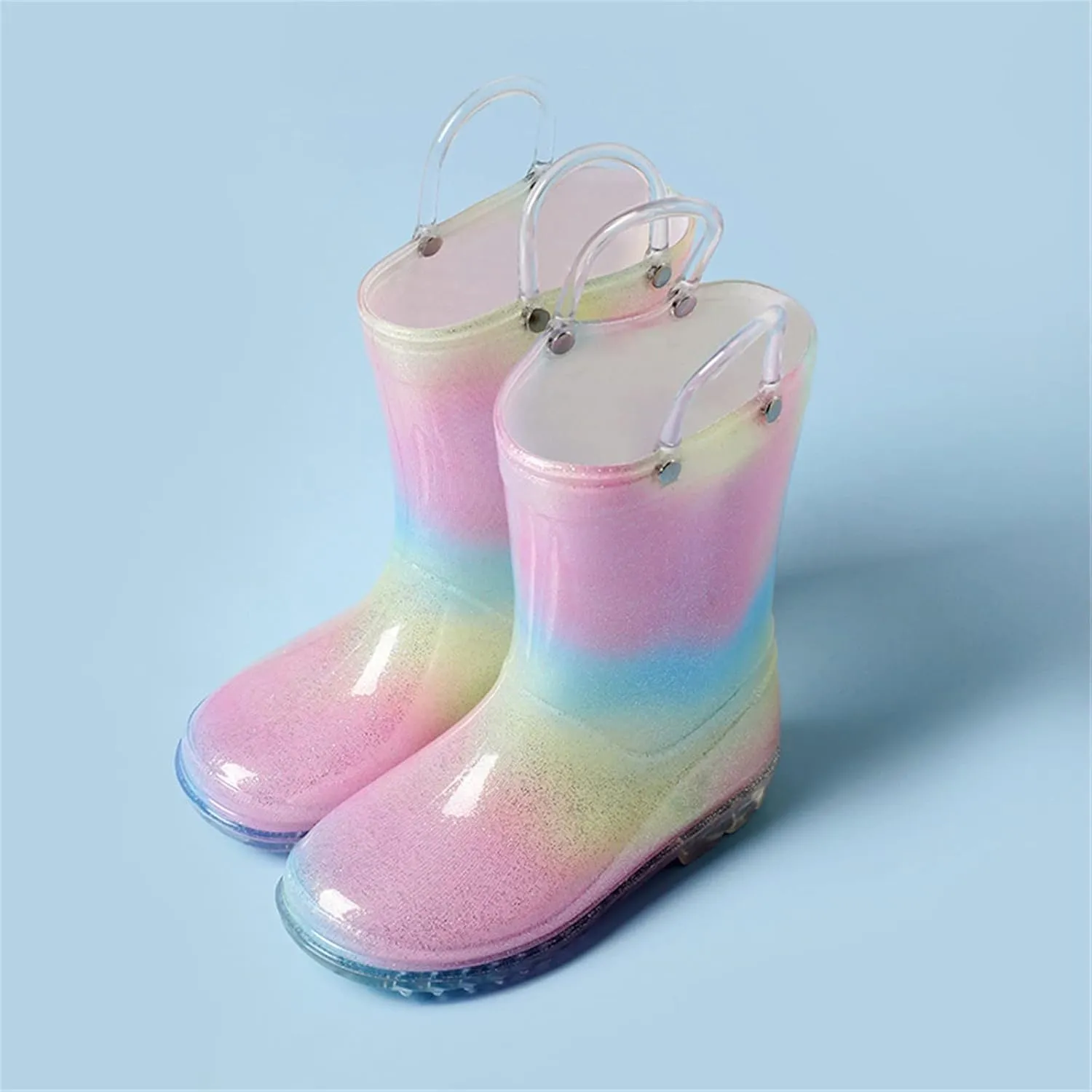 Toddler Glitter Rain Boots with Handles Outdoors, Kids Rainbow Rain Boots Waterproof Rubber Boots Toddler Water Shoes