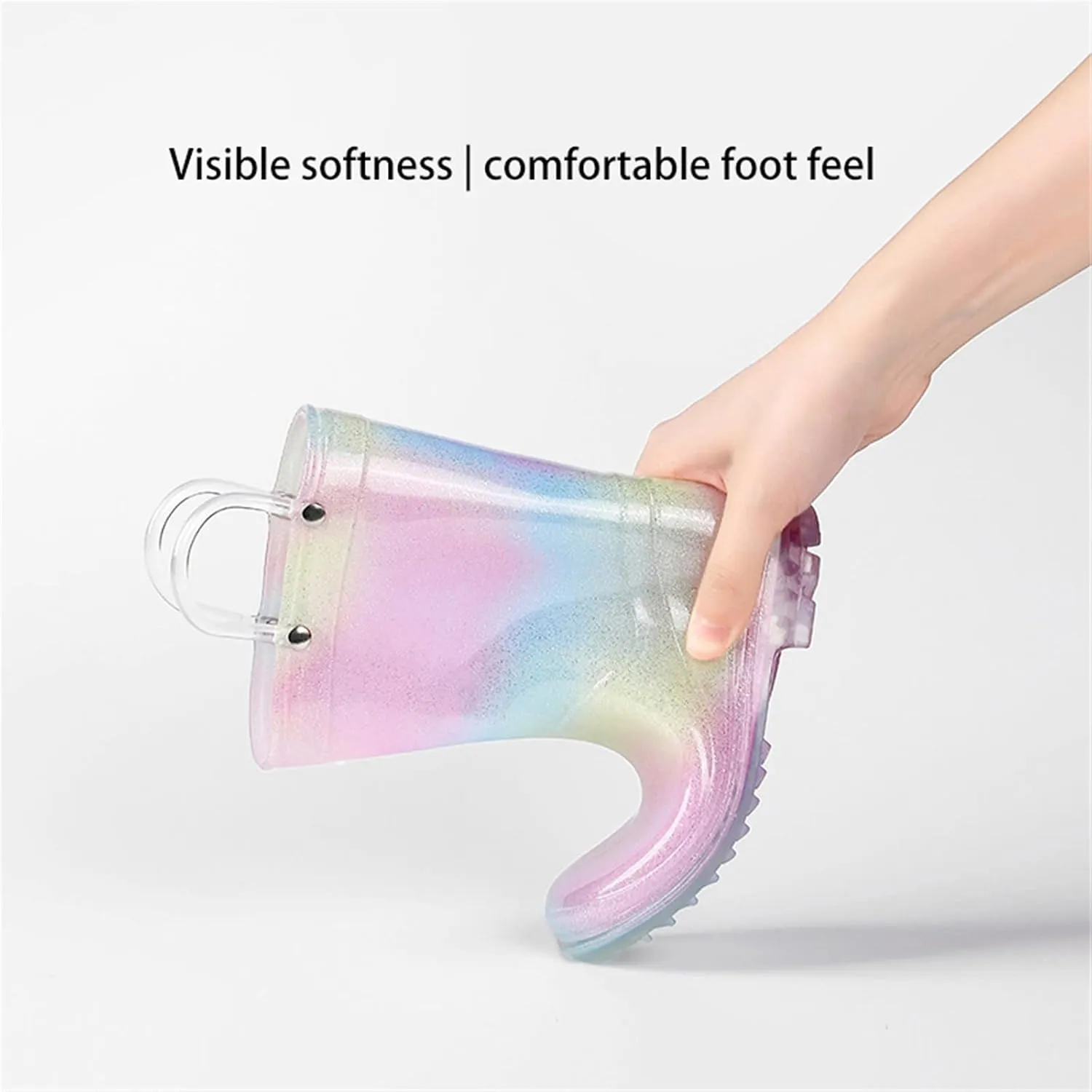 Toddler Glitter Rain Boots with Handles Outdoors, Kids Rainbow Rain Boots Waterproof Rubber Boots Toddler Water Shoes