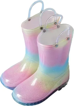 Toddler Glitter Rain Boots with Handles Outdoors, Kids Rainbow Rain Boots Waterproof Rubber Boots Toddler Water Shoes