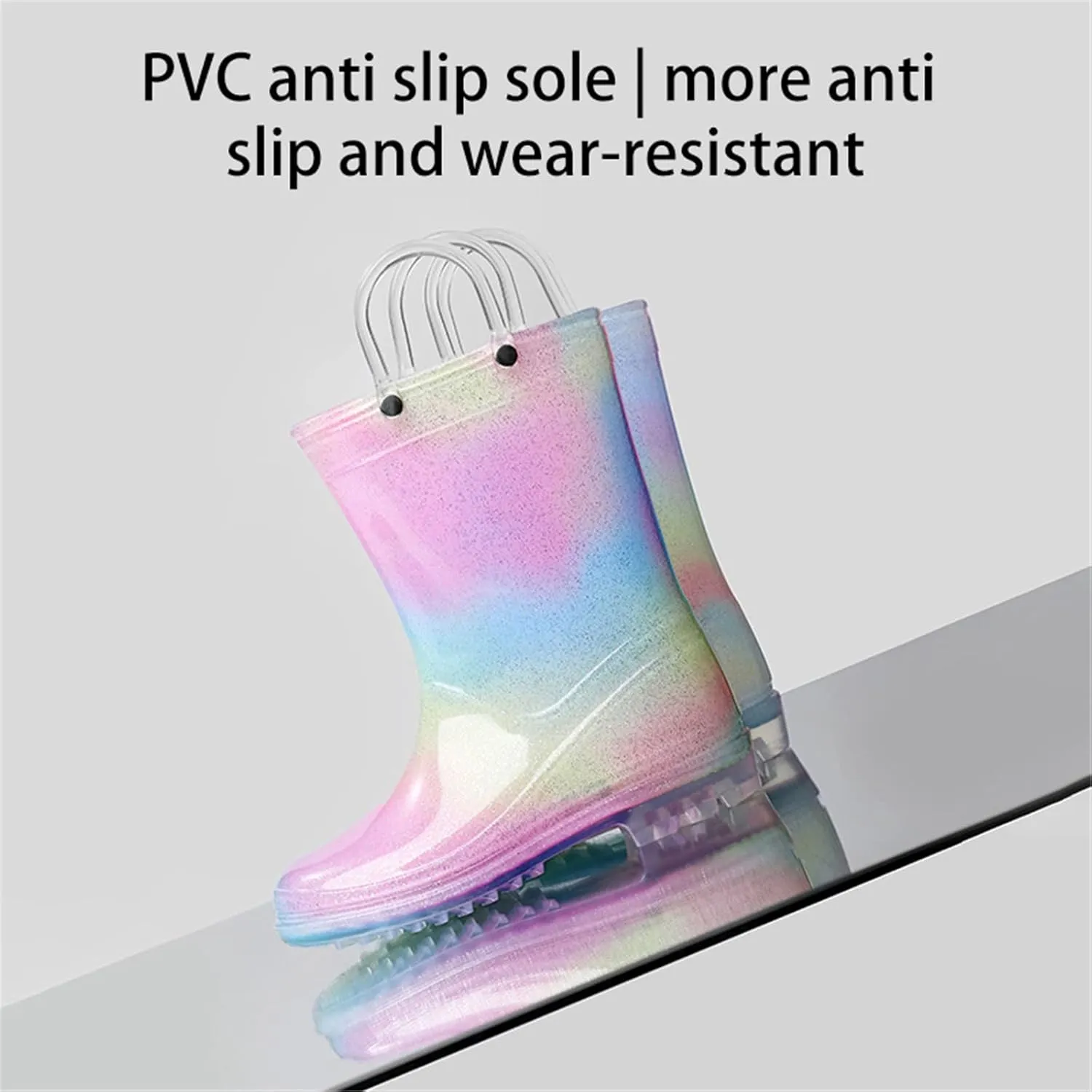 Toddler Glitter Rain Boots with Handles Outdoors, Kids Rainbow Rain Boots Waterproof Rubber Boots Toddler Water Shoes