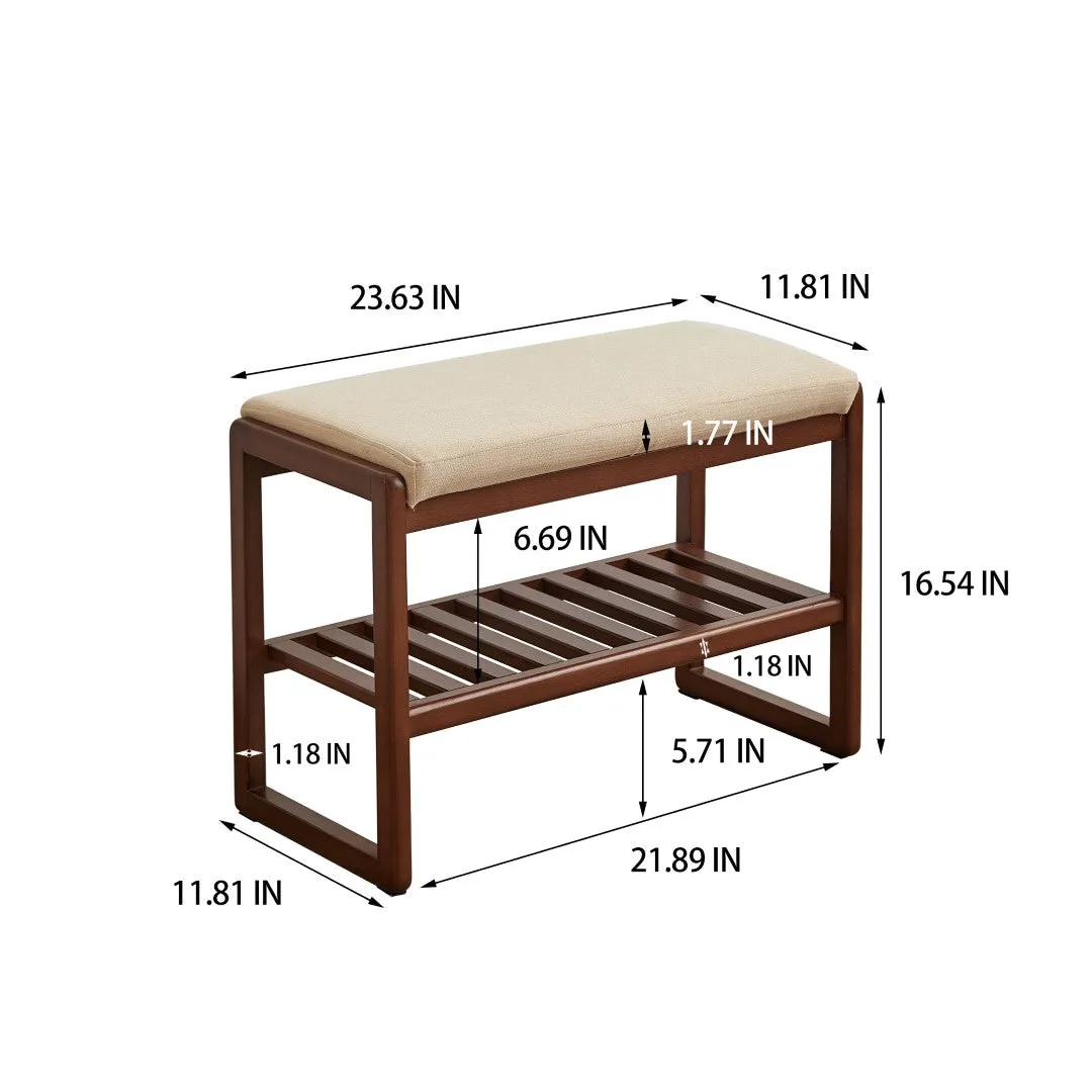 (Walnut) Solid Wood Shoe Bench, Beech Storage Organizer with Sponge Cushion