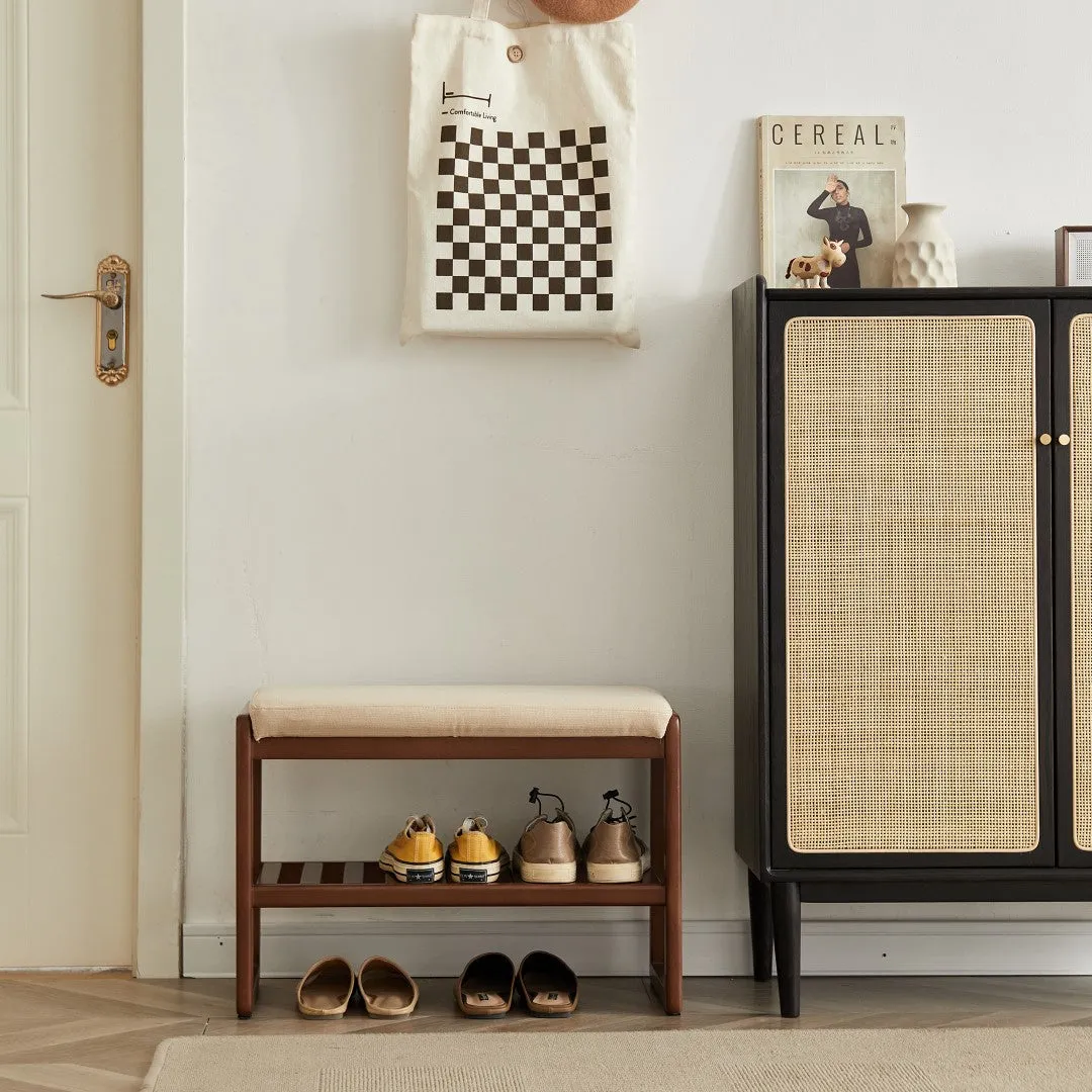 (Walnut) Solid Wood Shoe Bench, Beech Storage Organizer with Sponge Cushion