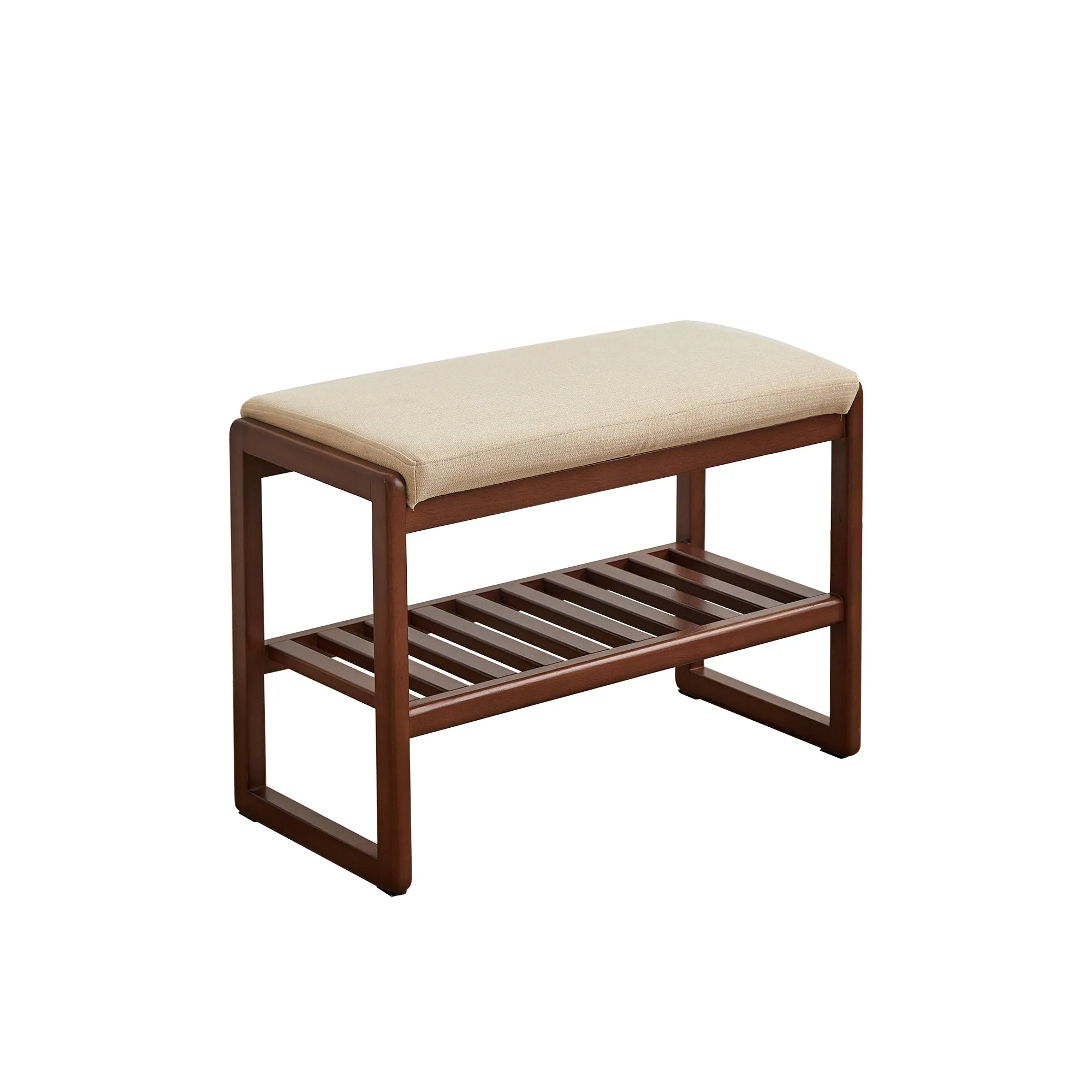(Walnut) Solid Wood Shoe Bench, Beech Storage Organizer with Sponge Cushion