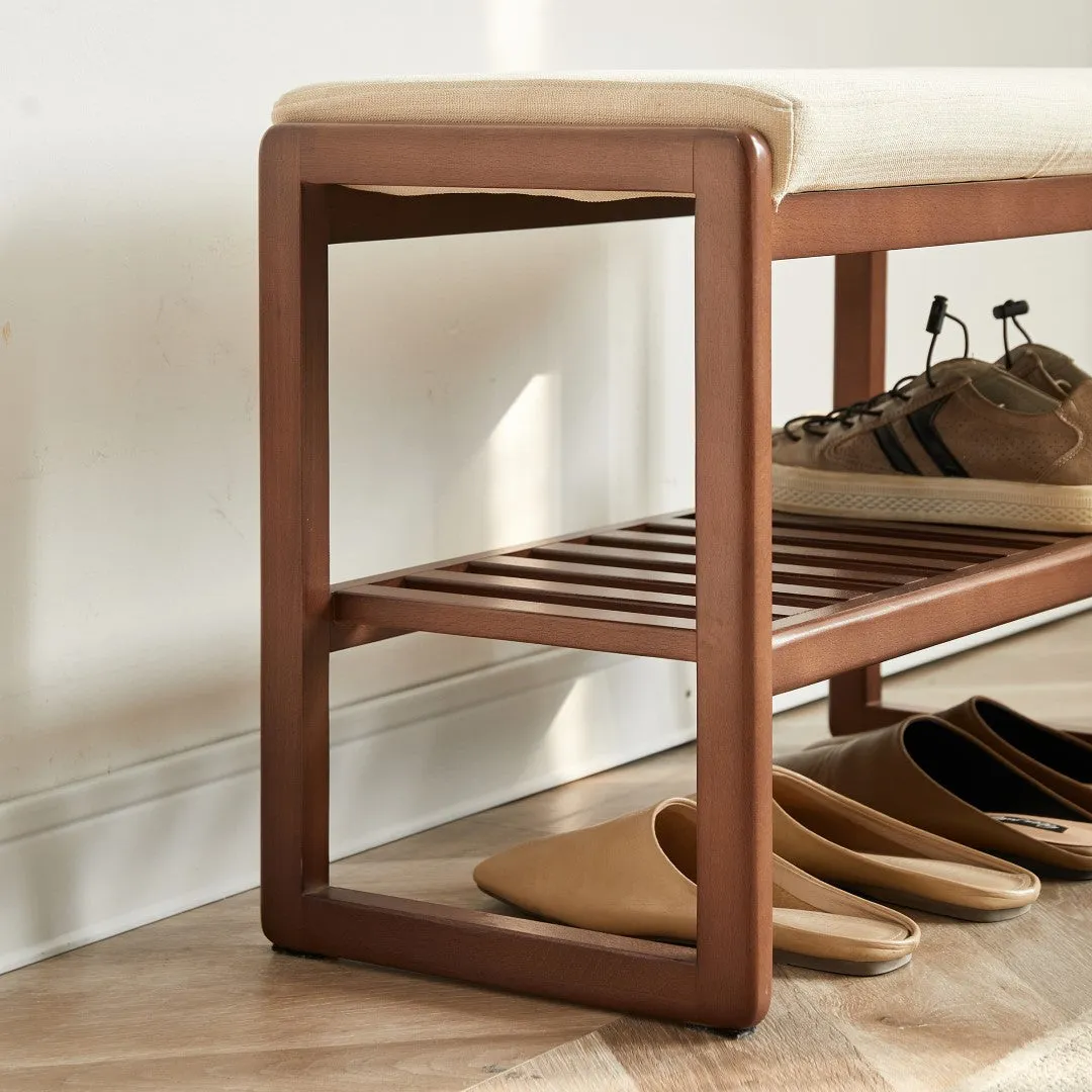 (Walnut) Solid Wood Shoe Bench, Beech Storage Organizer with Sponge Cushion