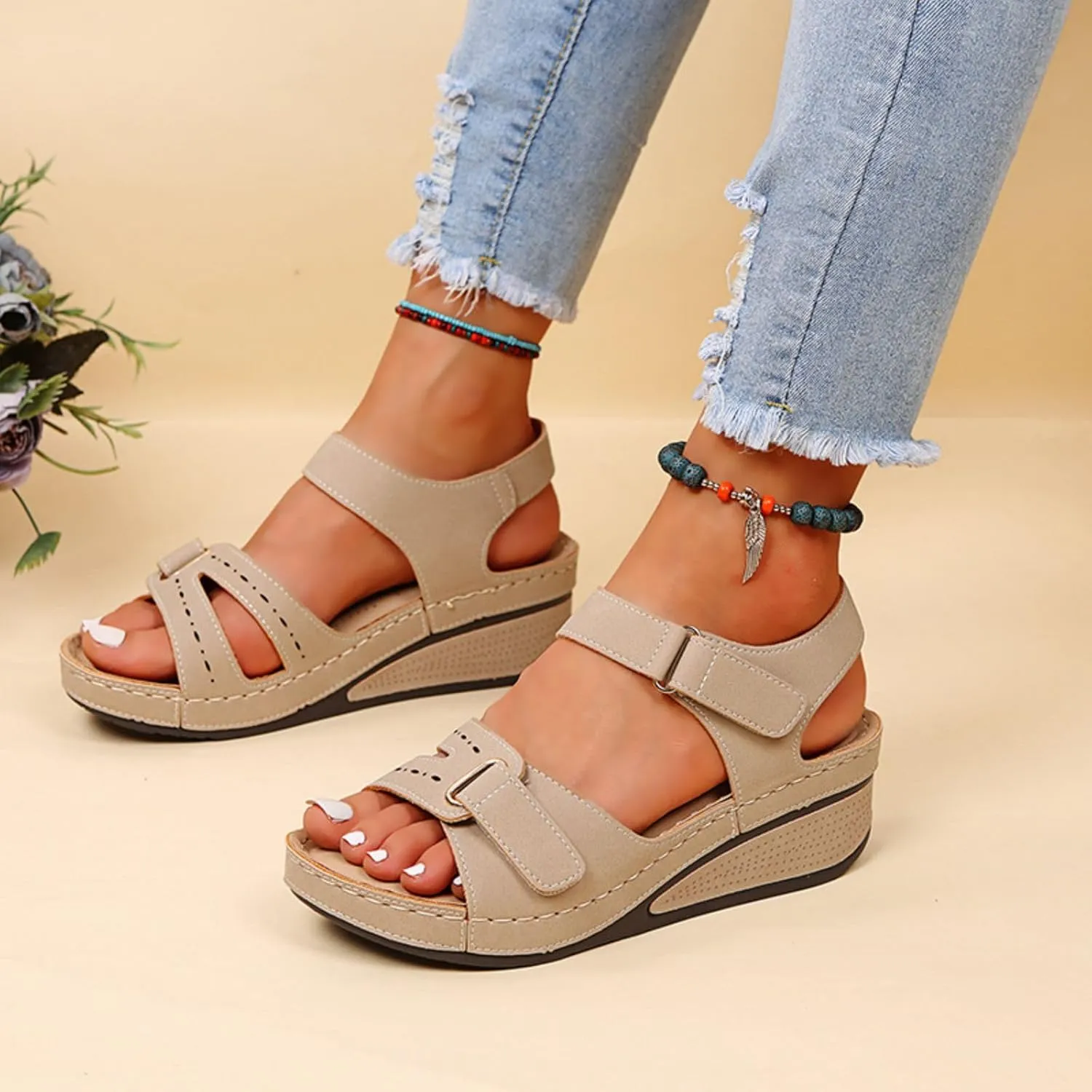 Wedge Sandals for Women Orthotic Comfortable Soft Cushion Summer Beach Walking Shoes Slip On Hook and Loop Fastener All-Match Shoes All-Day Comfort