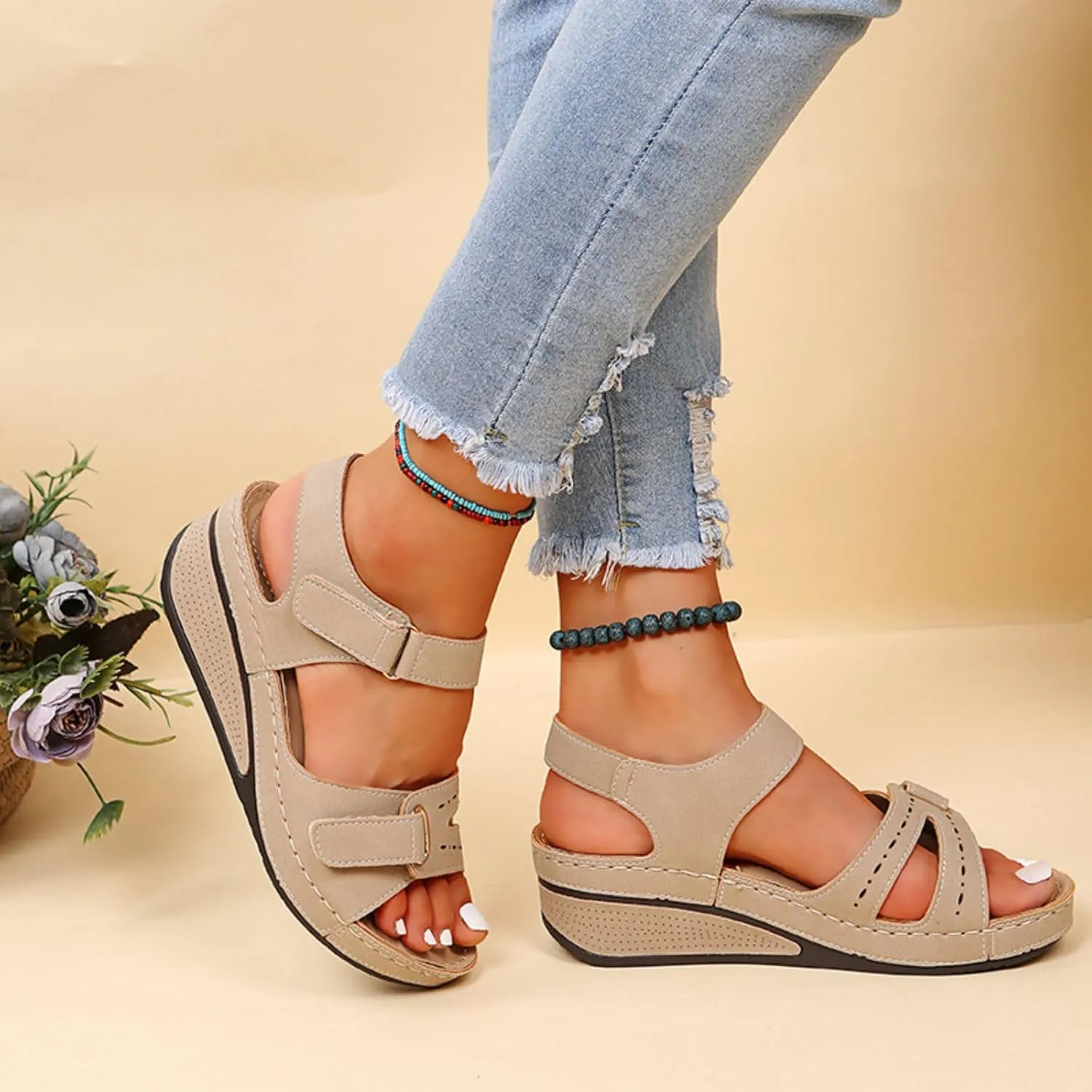 Wedge Sandals for Women Orthotic Comfortable Soft Cushion Summer Beach Walking Shoes Slip On Hook and Loop Fastener All-Match Shoes All-Day Comfort