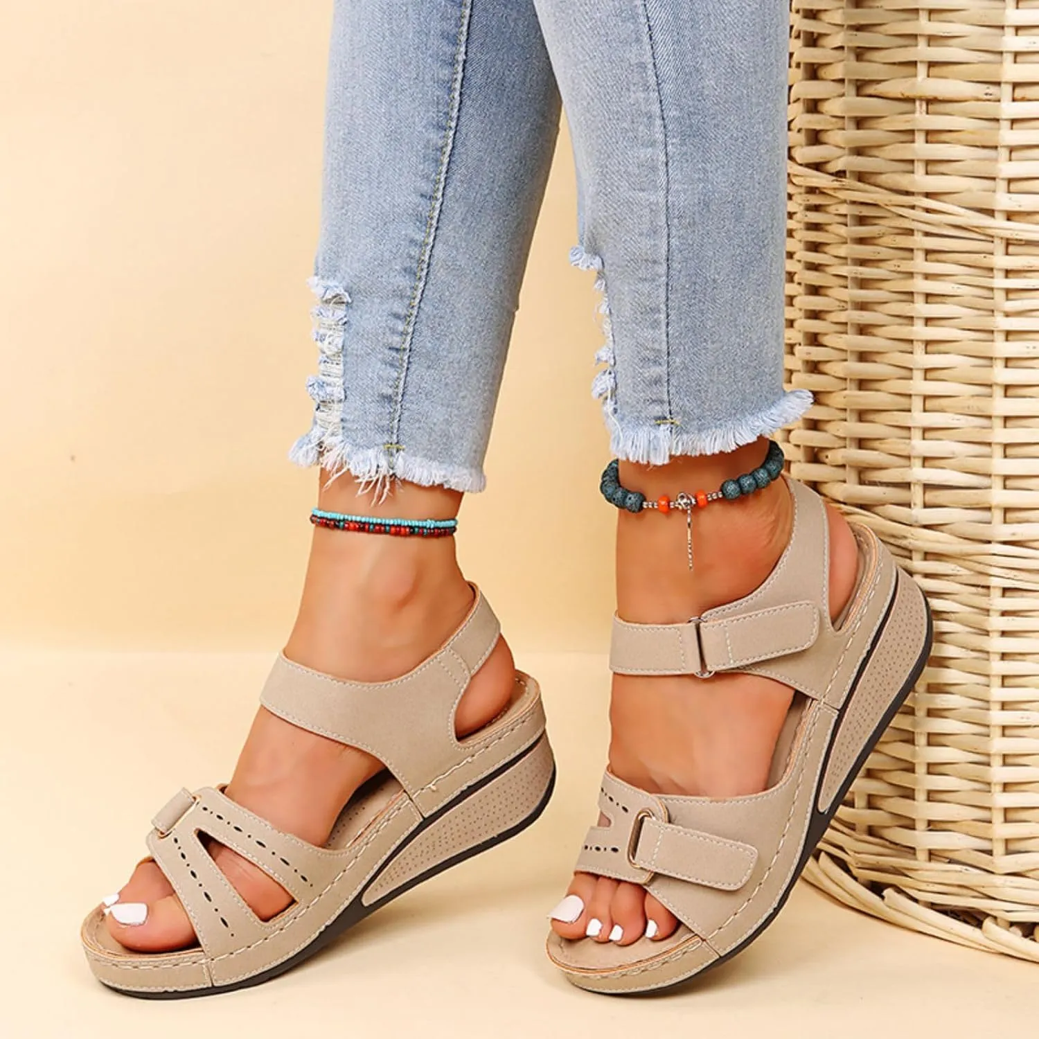Wedge Sandals for Women Orthotic Comfortable Soft Cushion Summer Beach Walking Shoes Slip On Hook and Loop Fastener All-Match Shoes All-Day Comfort