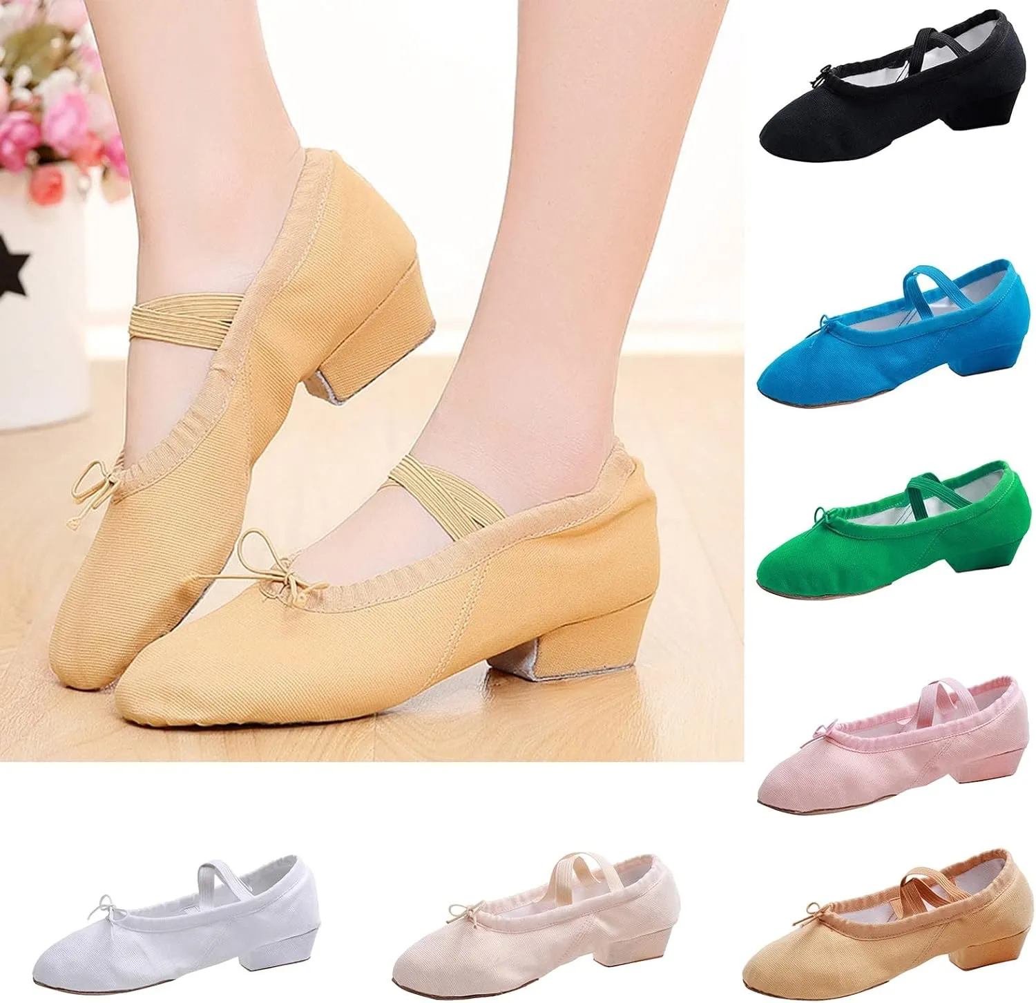 Women Low Heel Dance Shoes Girls Stretch Canvas Split Sole Ballet Shoes with Elastic Strap Training Shoes Sandals