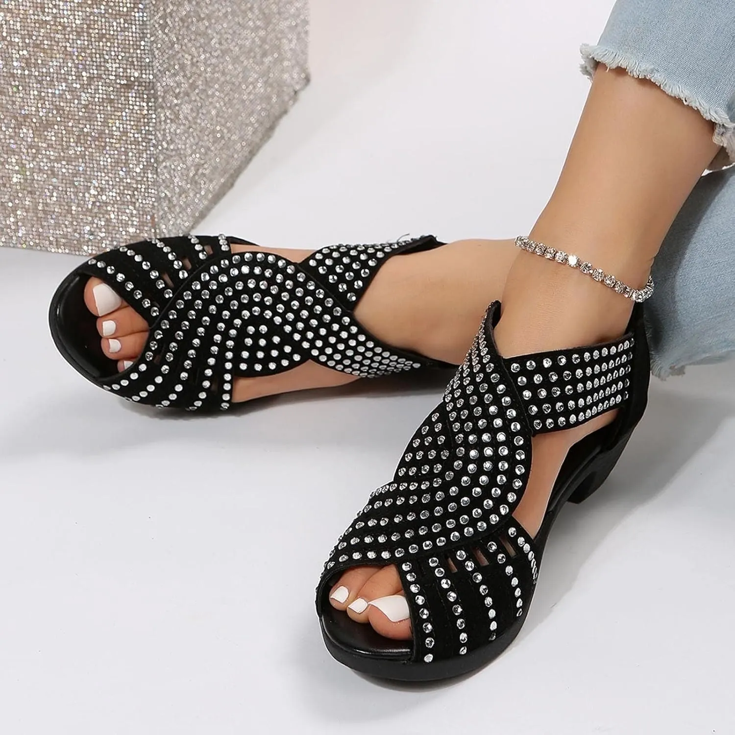 Women Rhinestone Dance Shoes Latin Salsa Practice Performance Dancing Shoes Cute Sparkling Crystal Back Zipper Sandals Wedding Indoor Crystal Shoe