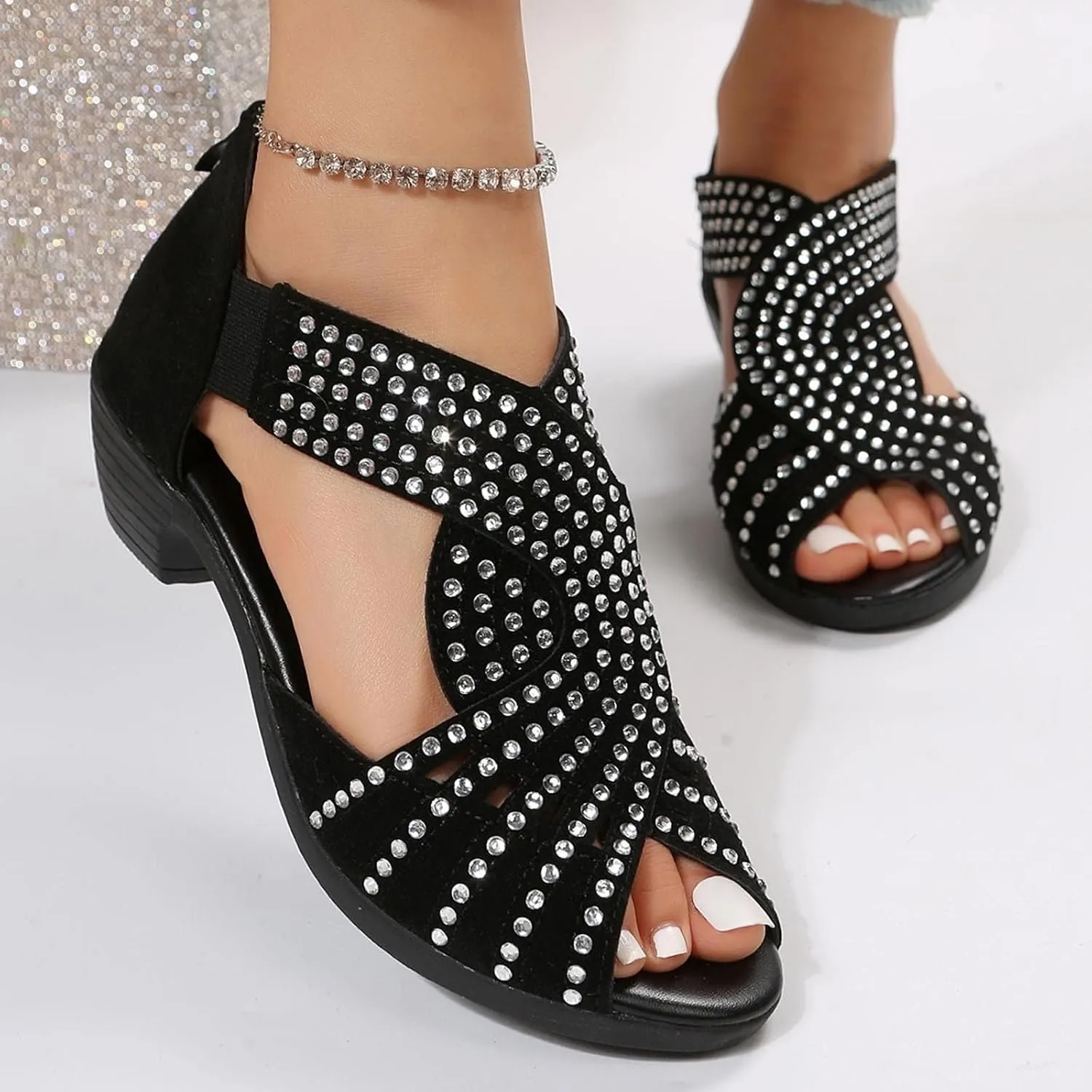Women Rhinestone Dance Shoes Latin Salsa Practice Performance Dancing Shoes Cute Sparkling Crystal Back Zipper Sandals Wedding Indoor Crystal Shoe