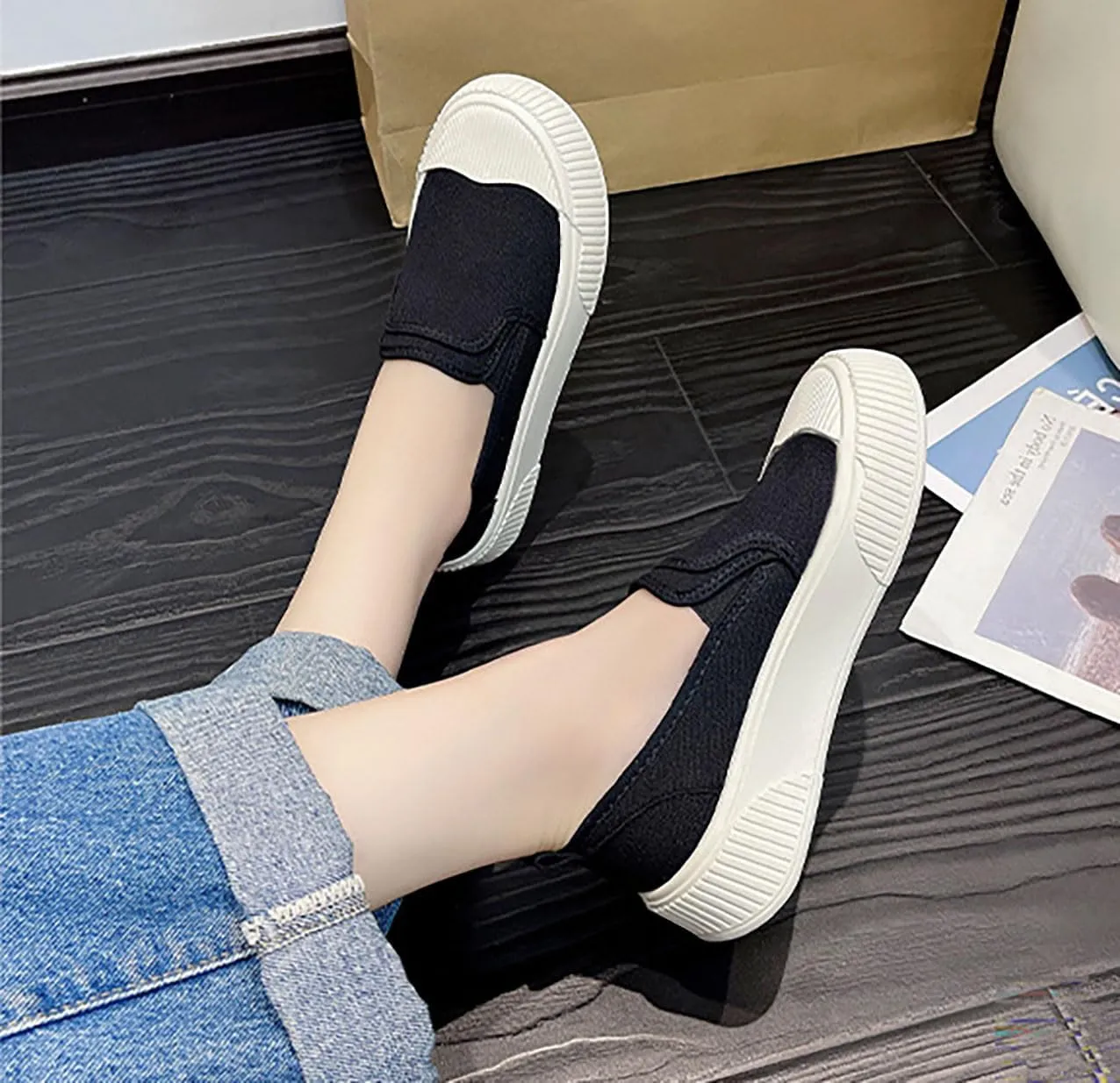 Women's Canvas Sneakers Canvas Flat Shoes Cloud Slip Shoes Running Shoes Thick Bottom Mesh Shoes Muffin Shoes Biscuit Shoes