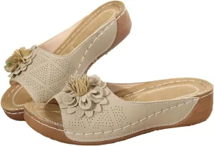 Womens Comfortable Orthopedic Wedge Sandals Open Toe Mid Heel Platform Low Slides Ladies Dressy Slipper Slip-on Slipper Flower Hollow Platform Slides Beach Shoes