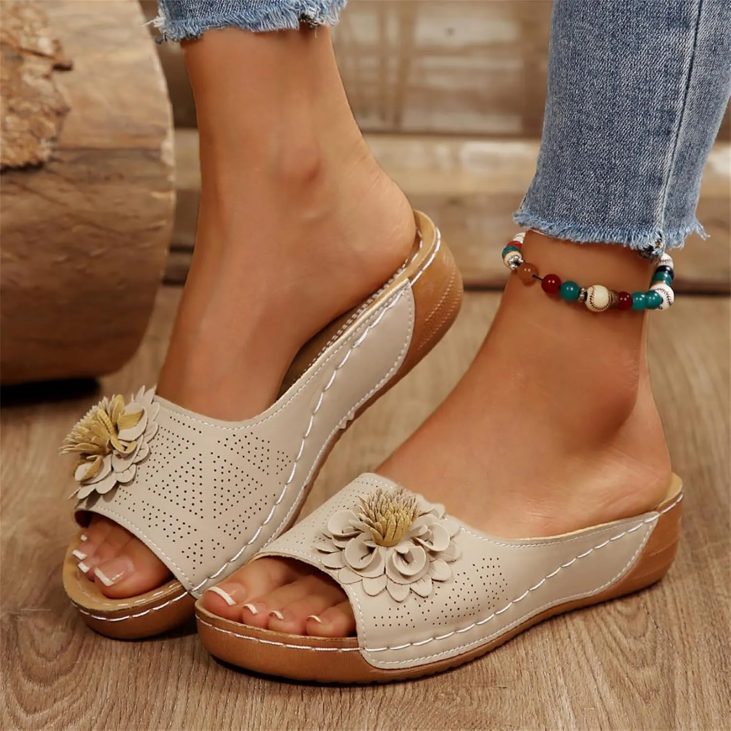 Womens Comfortable Orthopedic Wedge Sandals Open Toe Mid Heel Platform Low Slides Ladies Dressy Slipper Slip-on Slipper Flower Hollow Platform Slides Beach Shoes