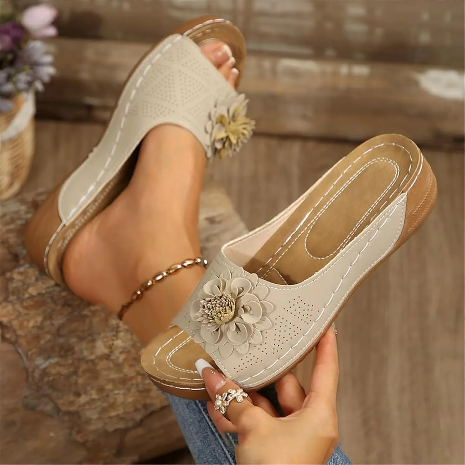 Womens Comfortable Orthopedic Wedge Sandals Open Toe Mid Heel Platform Low Slides Ladies Dressy Slipper Slip-on Slipper Flower Hollow Platform Slides Beach Shoes