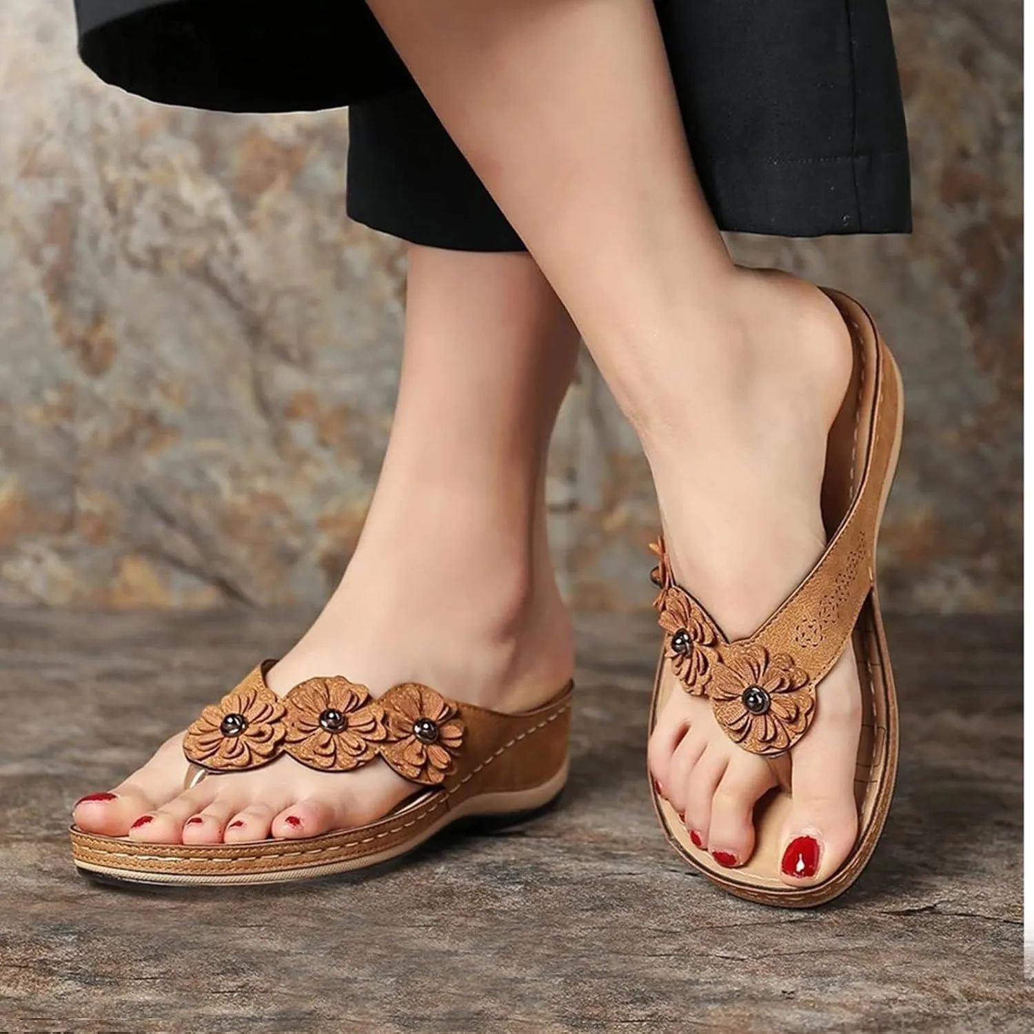 Womens Flip Flops Comfortable Orthopedic Wedge Sandals with Arch Support Wide Width Lightweight Yoga Mat Slip On Shoes Ladies Fashion Flowers Walking Slippers Indoor Outdoor