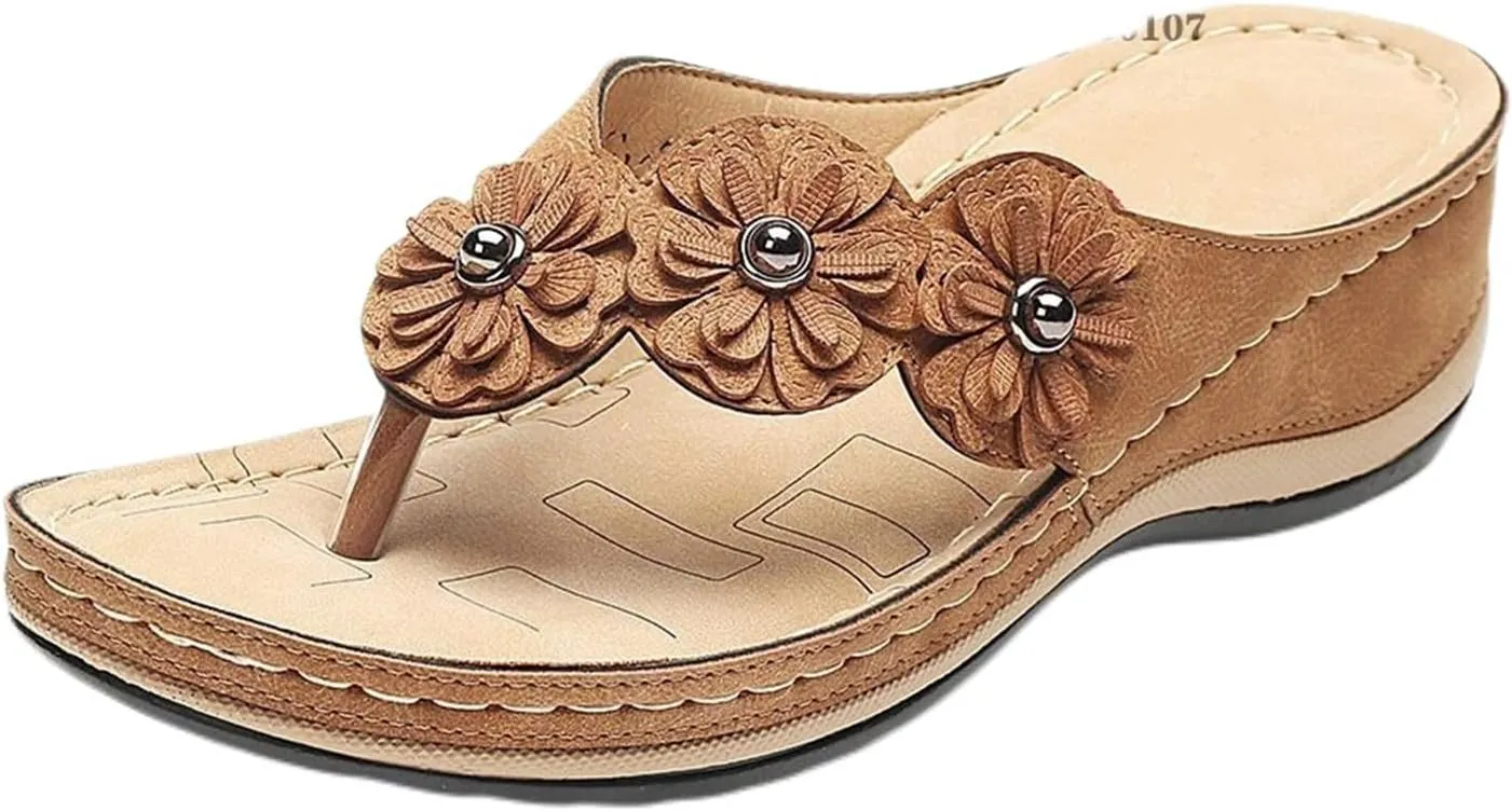 Womens Flip Flops Comfortable Orthopedic Wedge Sandals with Arch Support Wide Width Lightweight Yoga Mat Slip On Shoes Ladies Fashion Flowers Walking Slippers Indoor Outdoor