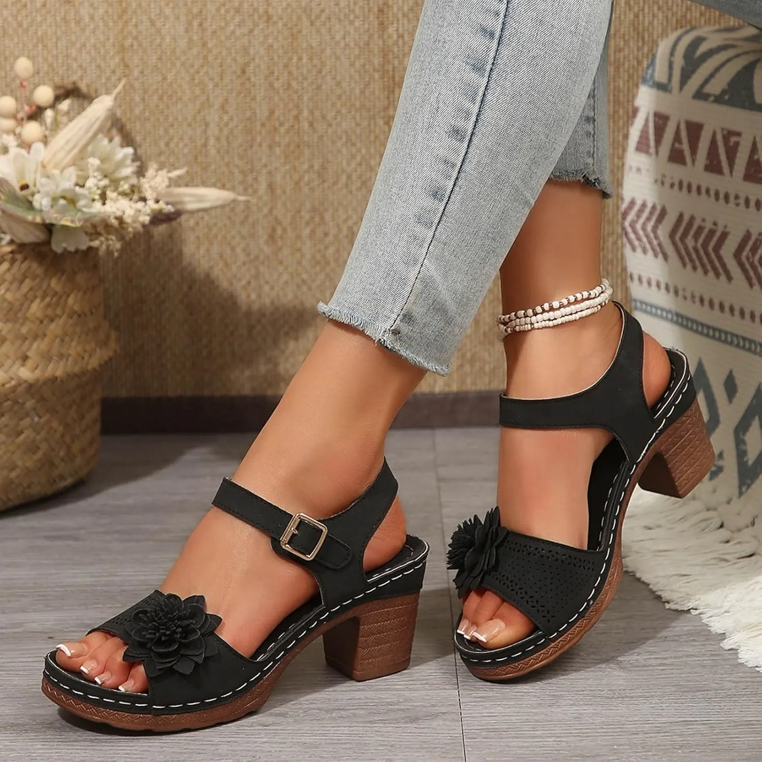 ZWRXW Open Toe Wedge Sandals for Womens Flower Buckle Ankle Strap Arch Support Orthopedic Wedge Casual Sandal Cute Fashion Dressy Bohemia Sandals Summer Comfortable Shoe